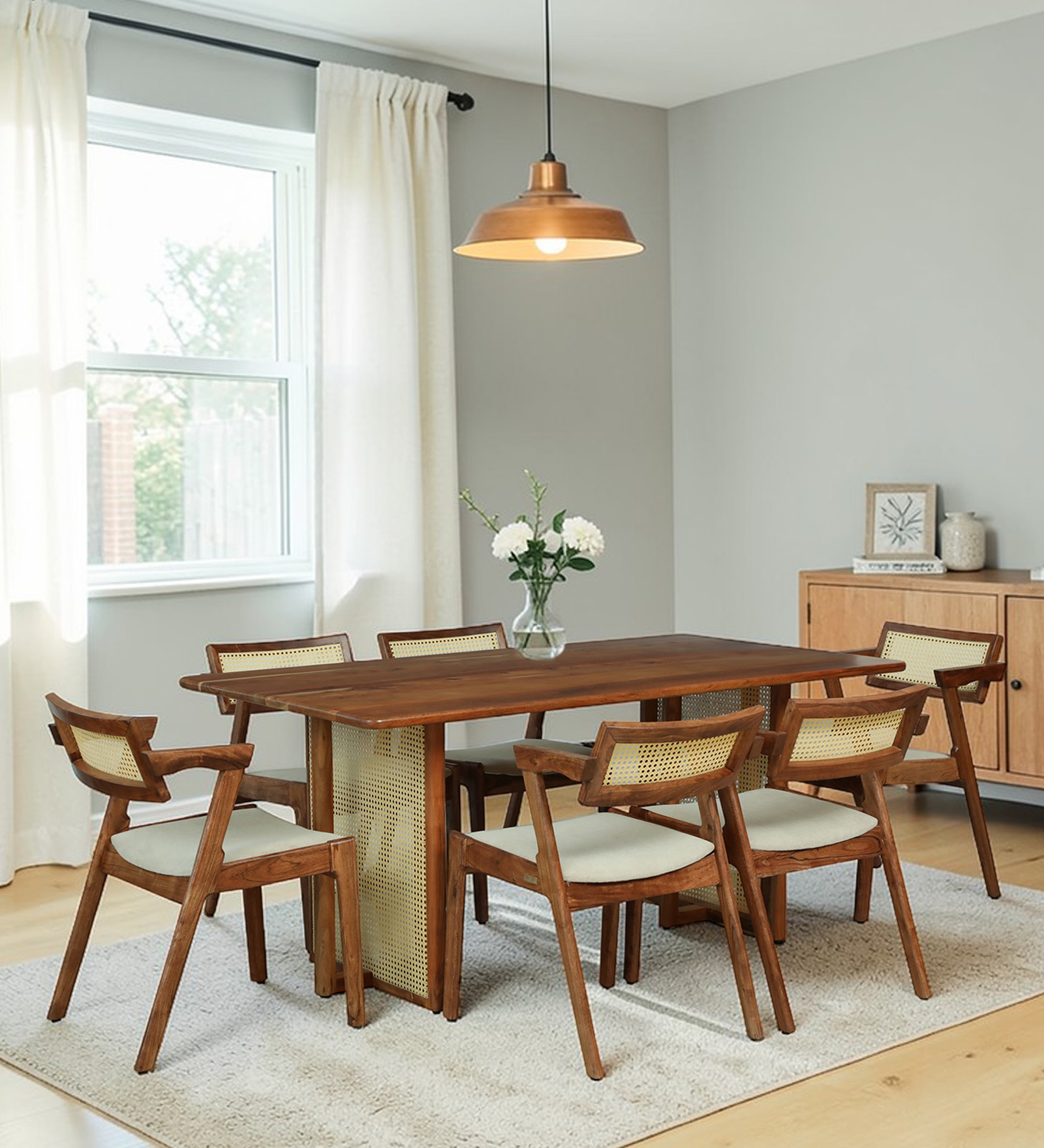 Lehesten Acacia Wood 6 Seater Dining Set In Natural Finish