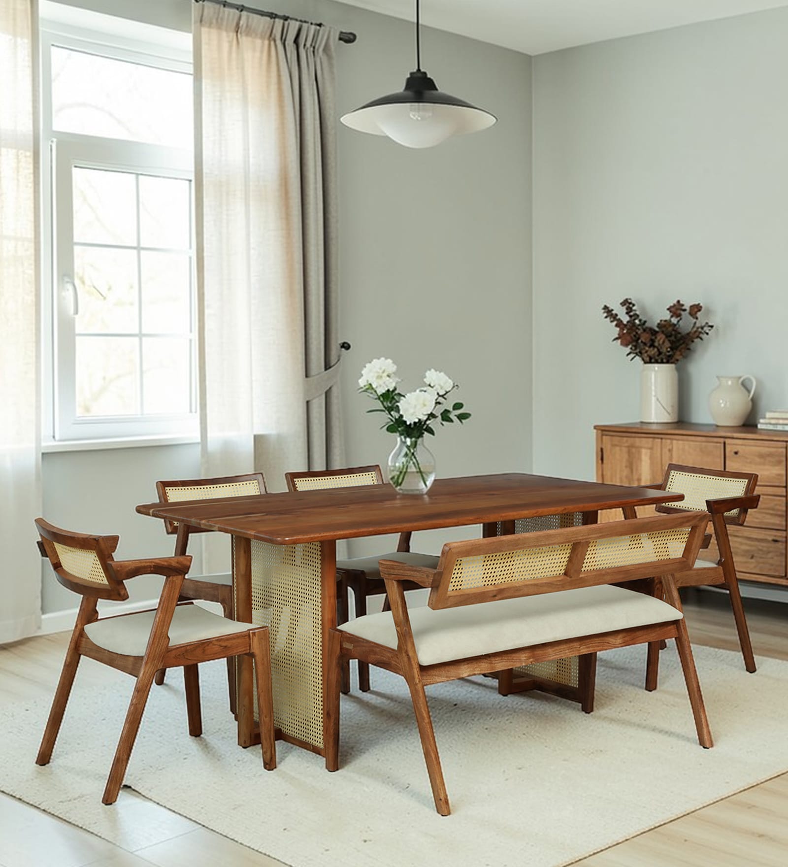 Lehesten Acacia Wood 6 Seater Dining Set with Bench In Natural Finish