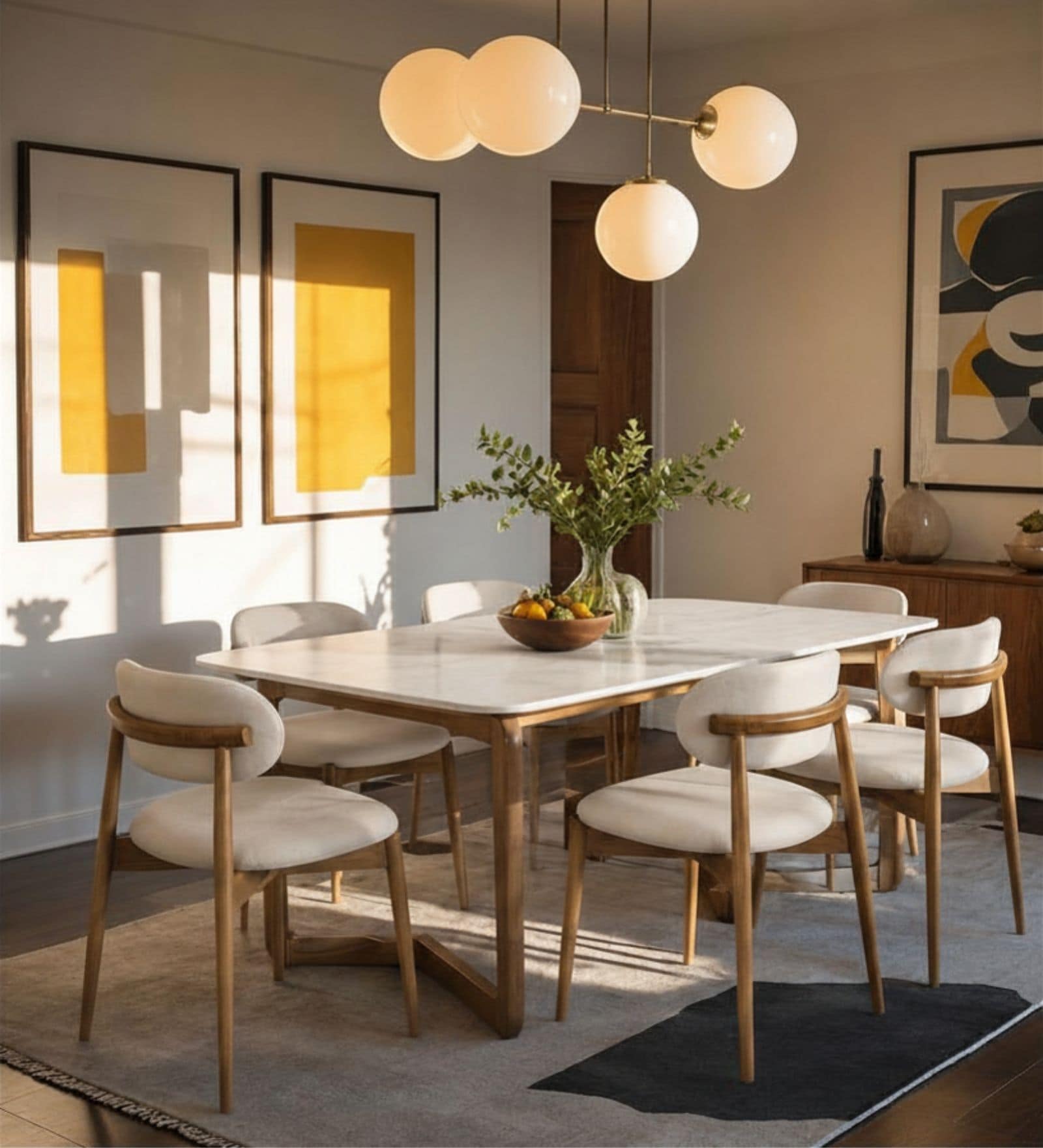 Leila Marble-Top Dining Table Set 6 Seater In Mango Wood Finish