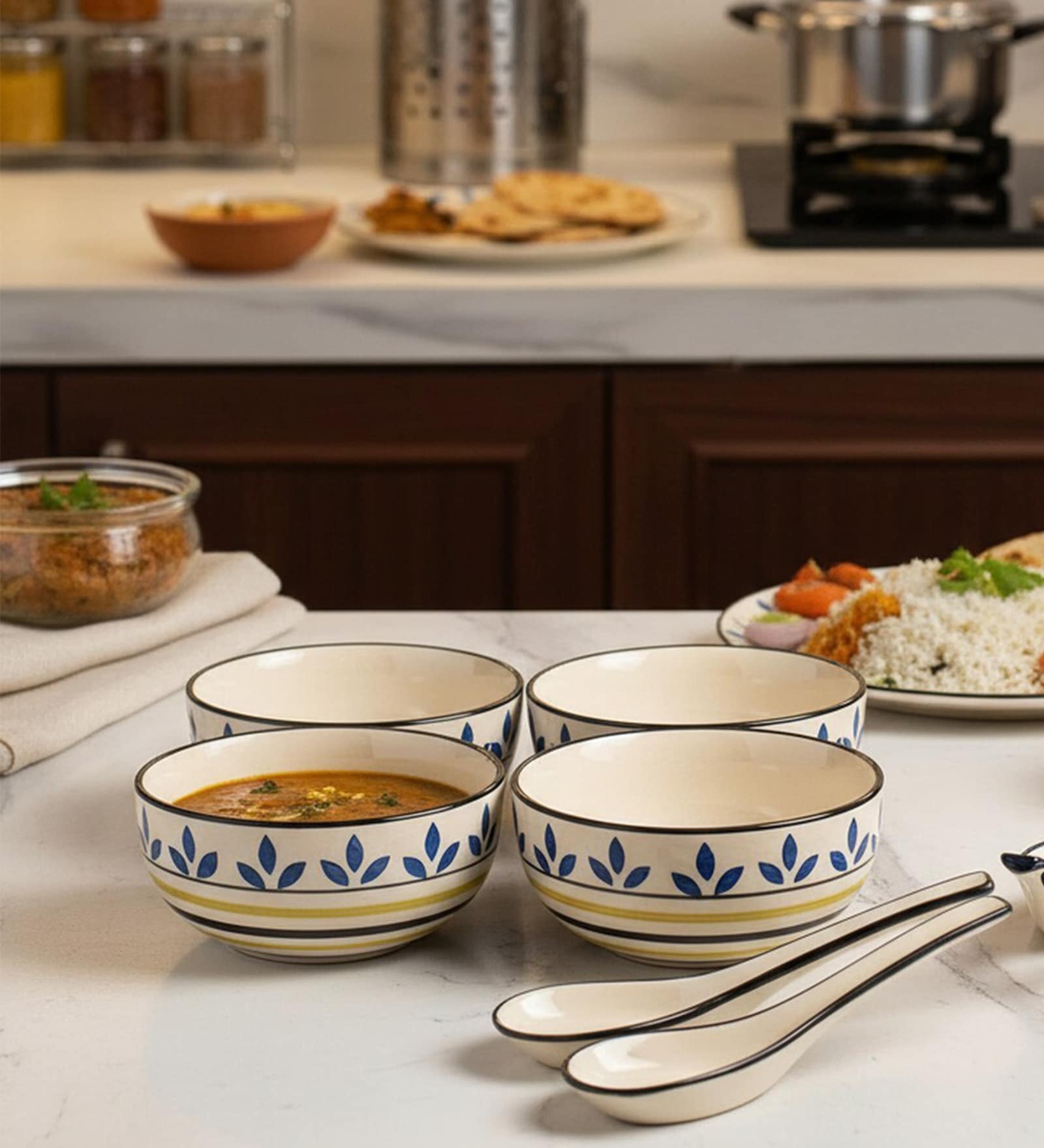 Lemon Leaf Bloom Ceramic Bowl Set of 4(300ml Each)