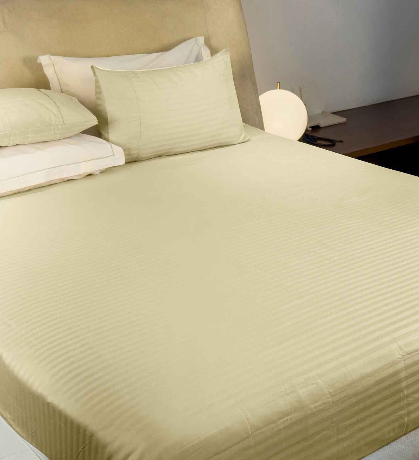 Yellow Satin Striped 210 TC Pure Cotton King Sized Bedsheet with 2 Pillow Covers