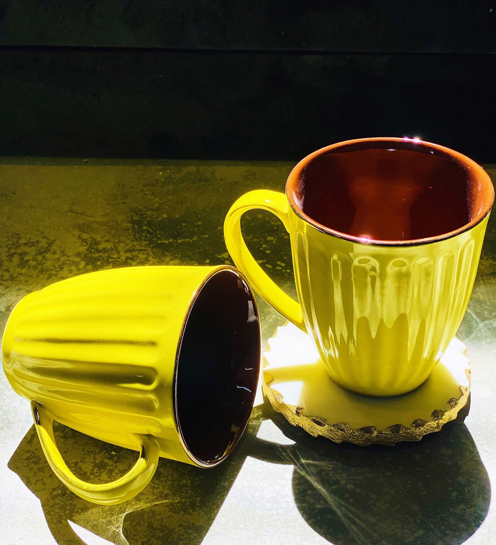Lemon 300ml Yellow & Brown Ceramic (Set of 2) Coffee Mug