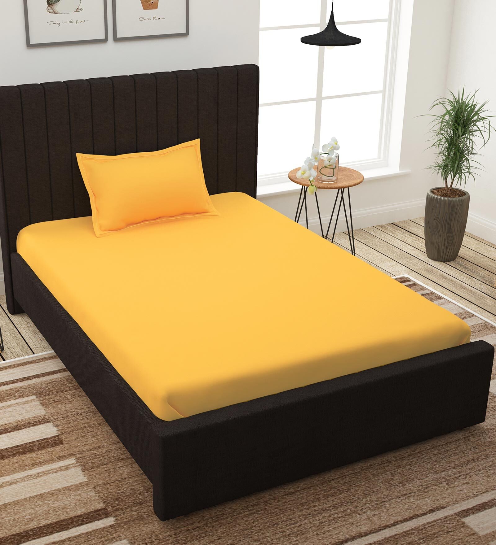 Yellow Solid 210 TC 100% Cotton Single Bed Sized Bed Sheets With 1 Pillow Cover