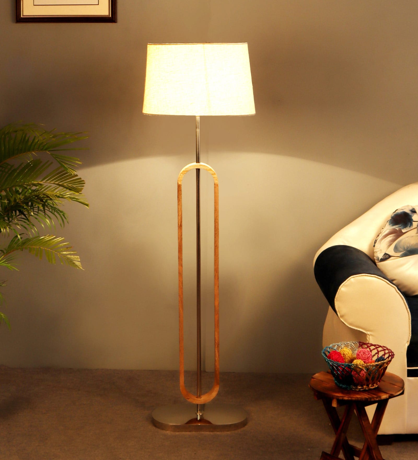 Lenin White Cloth Shade Club Floor Lamp With Wood & Iron Base