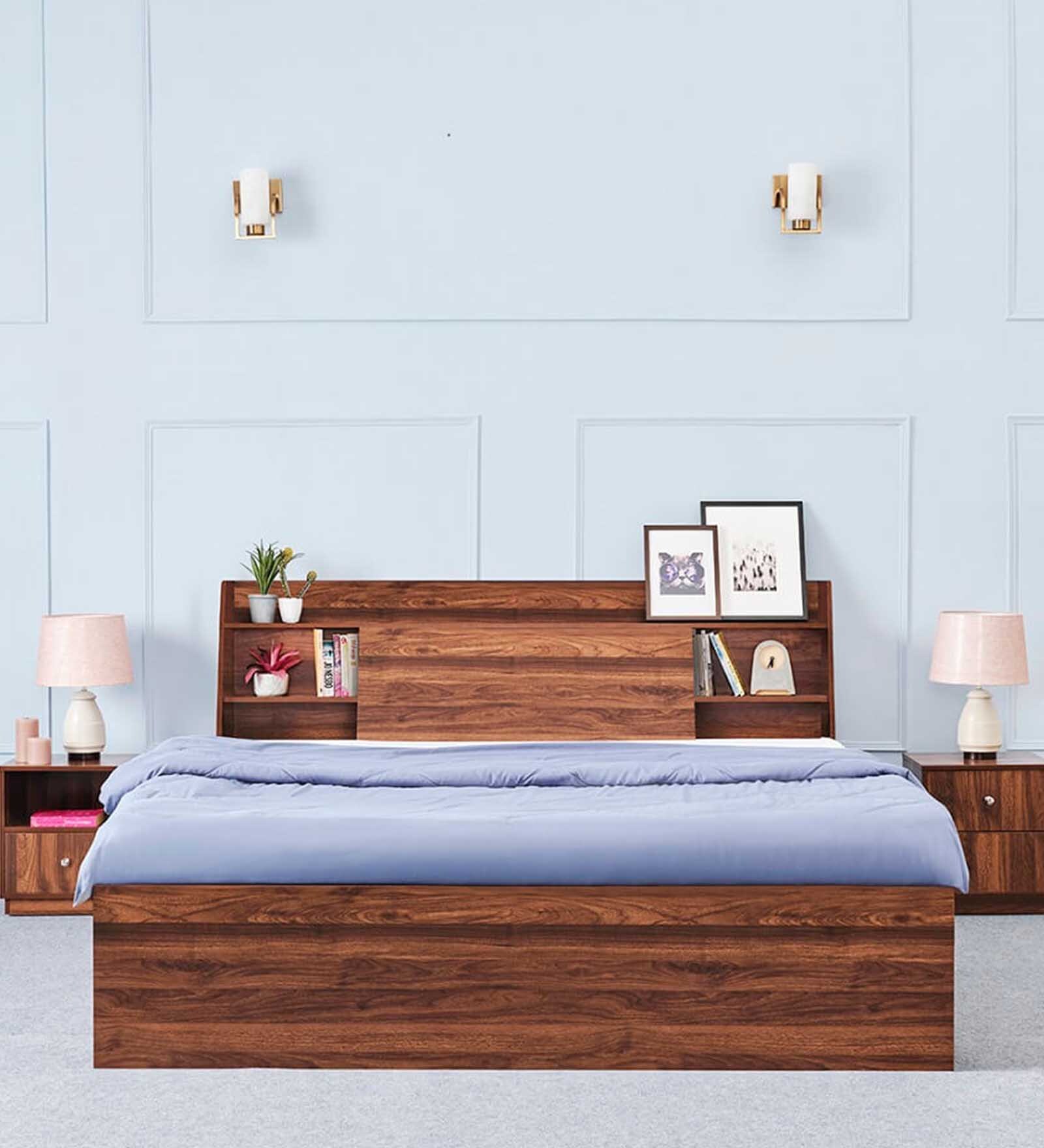 Leo Queen Size Bed with Box Storage & Headboard in Columbian Walnut Finish
