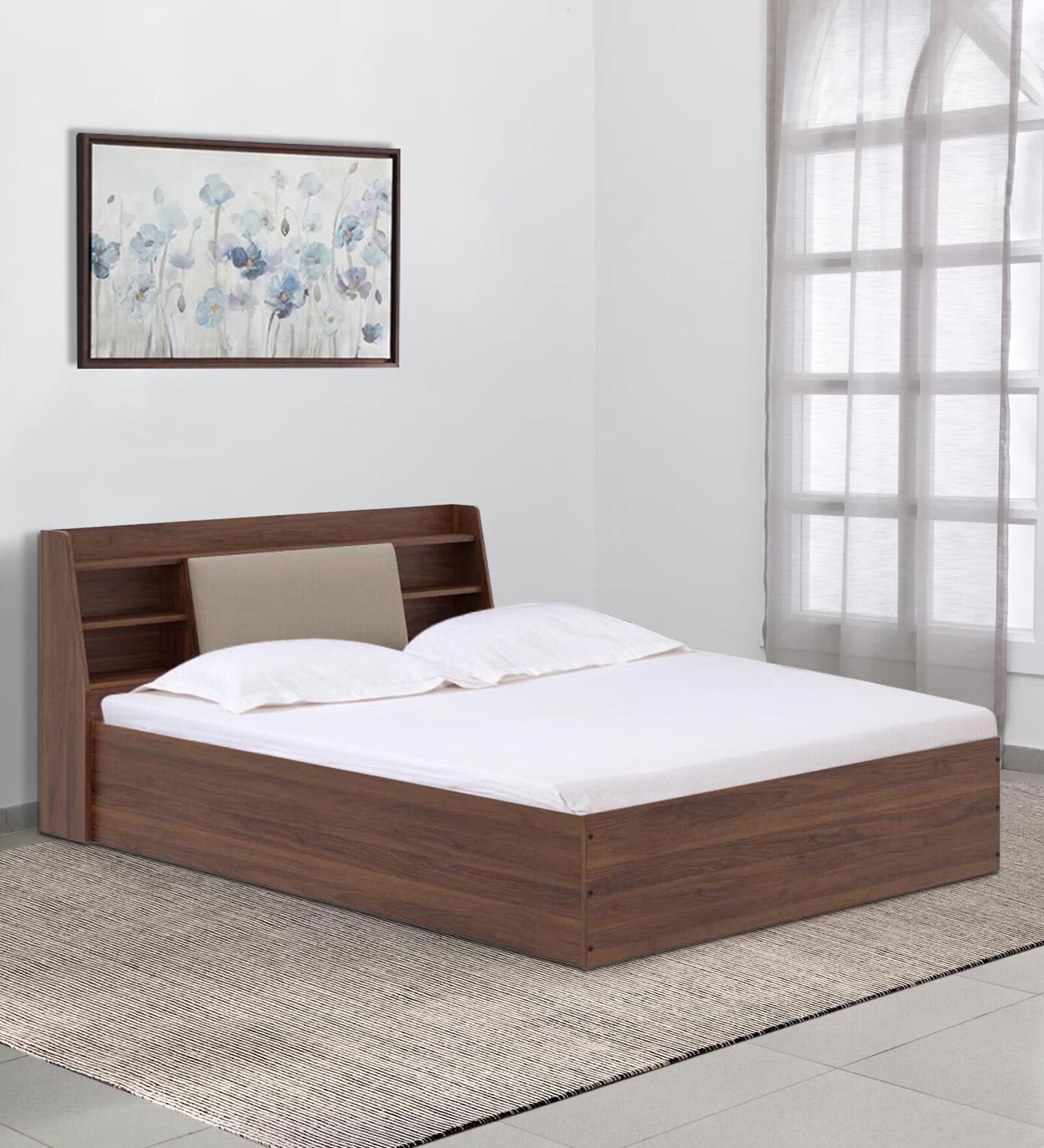 Leo Queen Size Bed In Columbian Walnut Colour With Hydraulic Storage