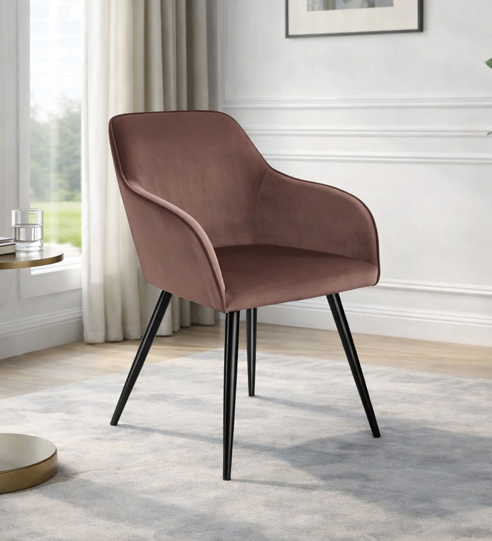 Leo Velvet Fabric Arm Chair Brown Color
