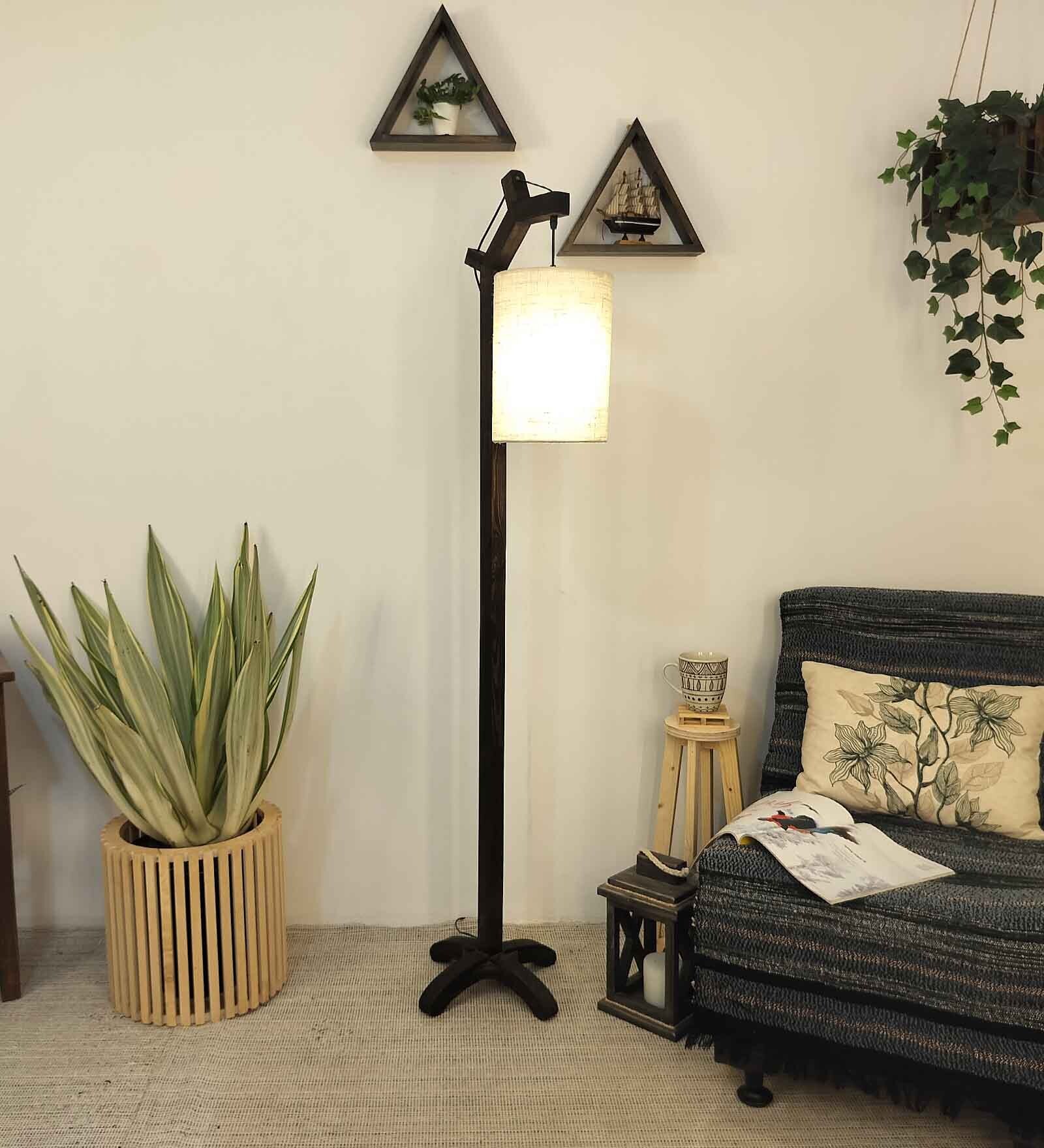 Leo Wooden Floor Lamp with Jute Shade & Brown Base
