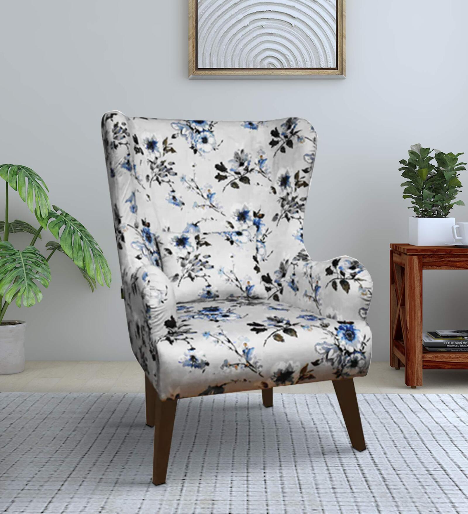 Leon Fabric Wing Chair In Grey & Blue Print
