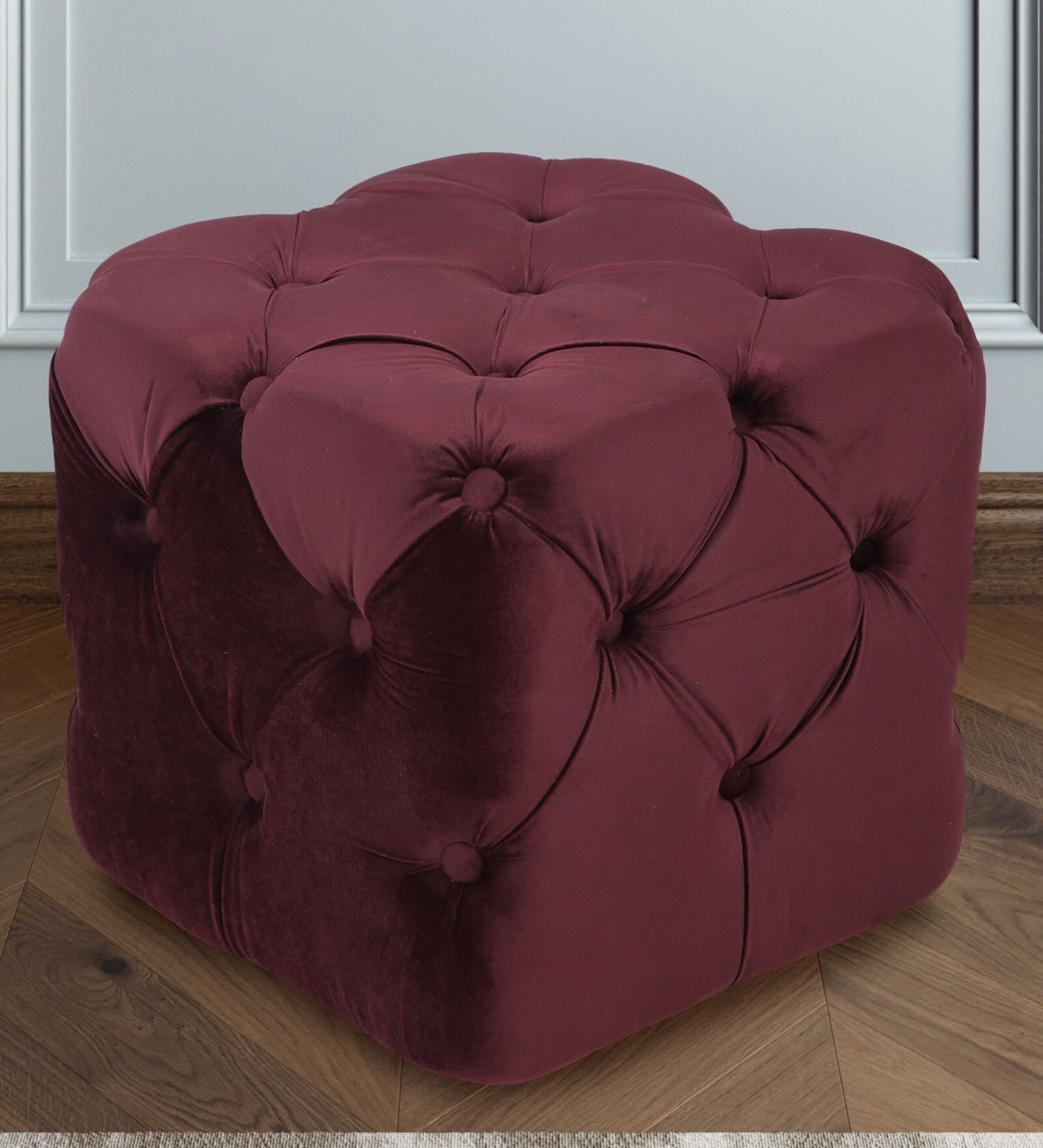 Leona Velvet Chesterfield Pouffe in Wine Red Colour