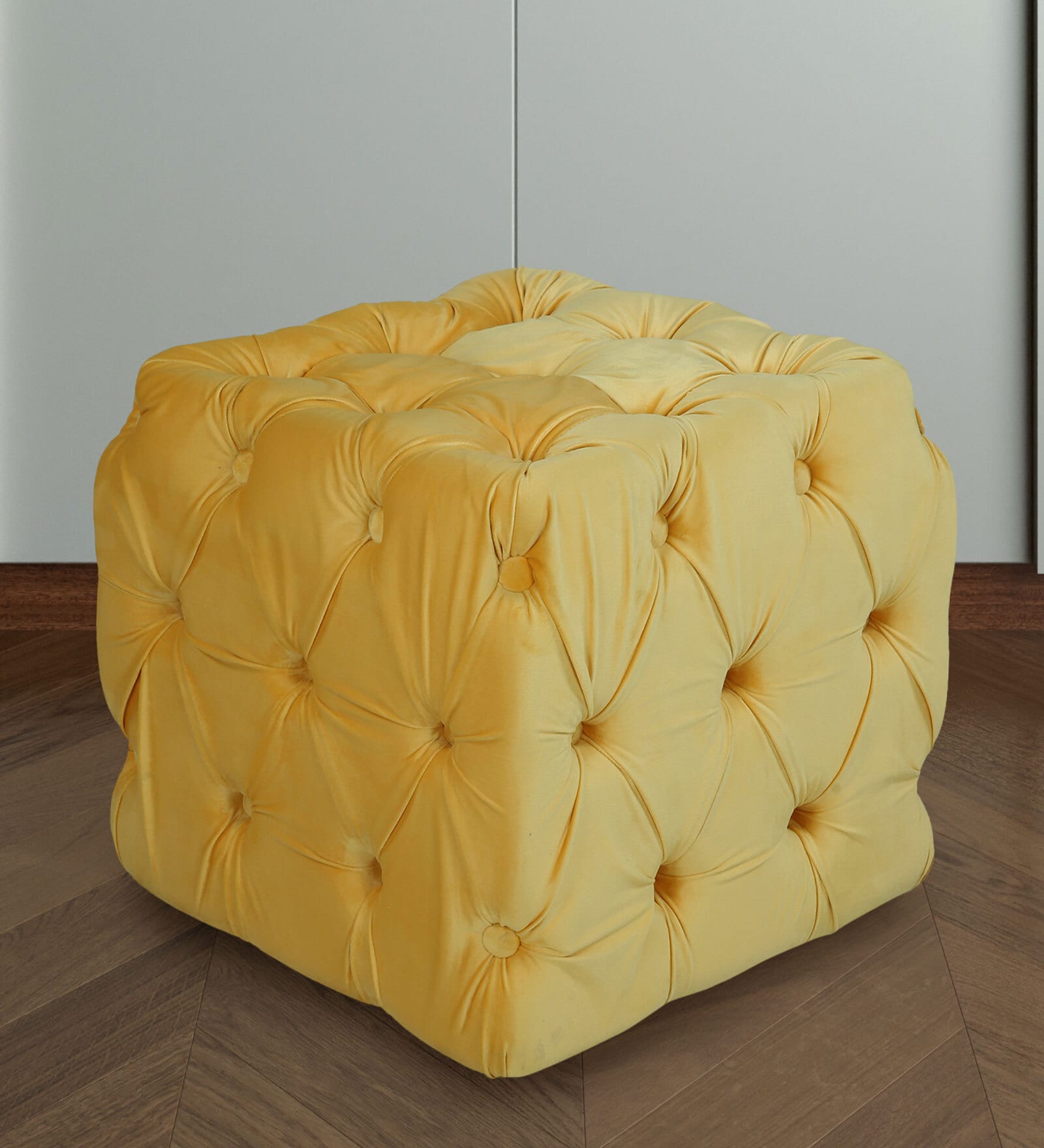 Leona Velvet Chesterfield Pouffe in Yellow Colour