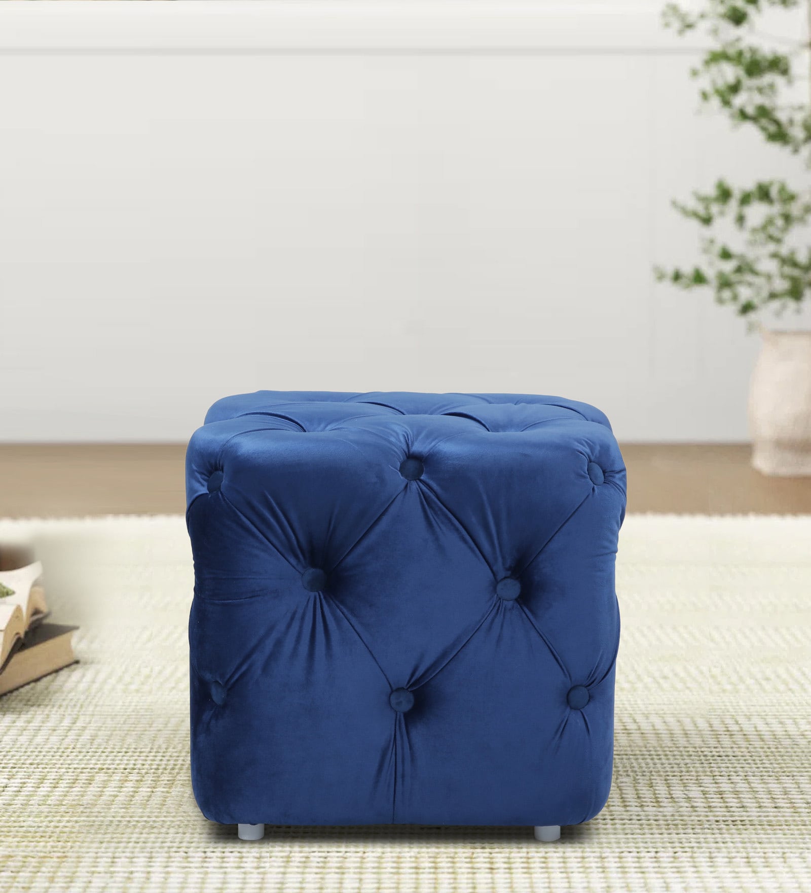 Leona Velvet Pouffe in Royal Blue Colour
