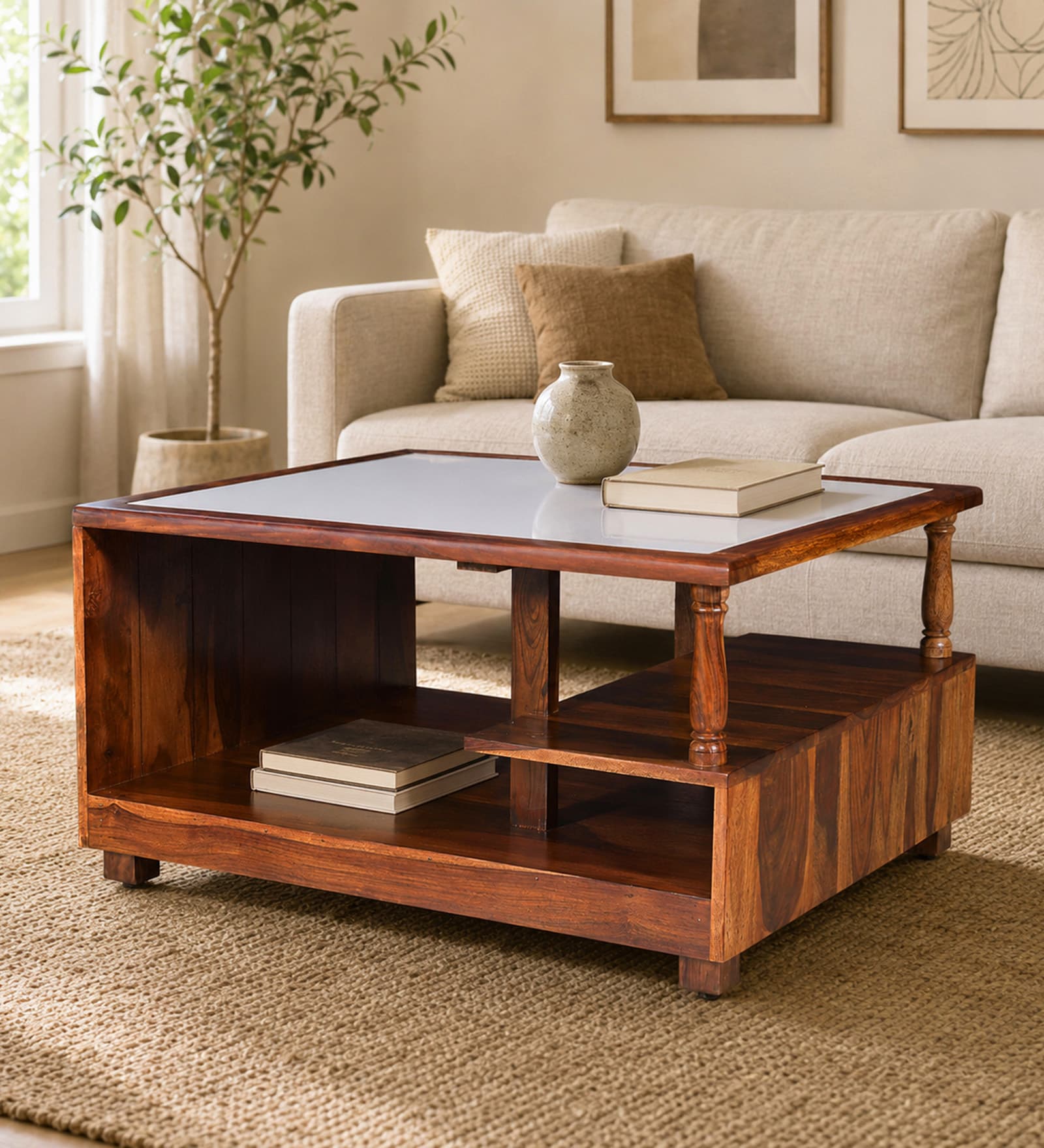 Leonora Sheesham Wood Coffee Table in Honey Oak Finish With Quartz Top Leonora Sheesham Wood Coffee Table in Honey Oak Finish With Quartz Top