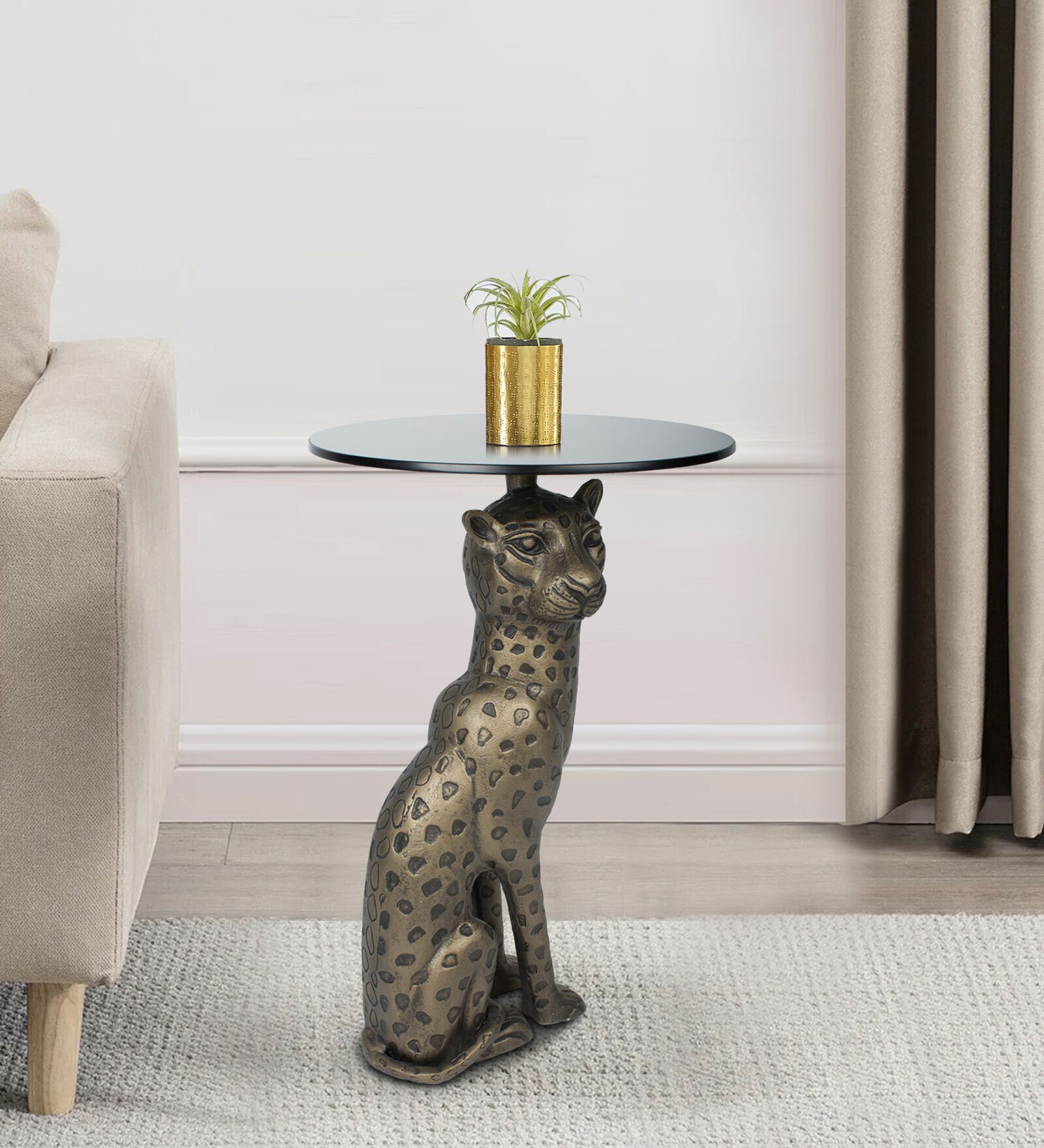 Leopard Glass End Table In Brass Antique Finish