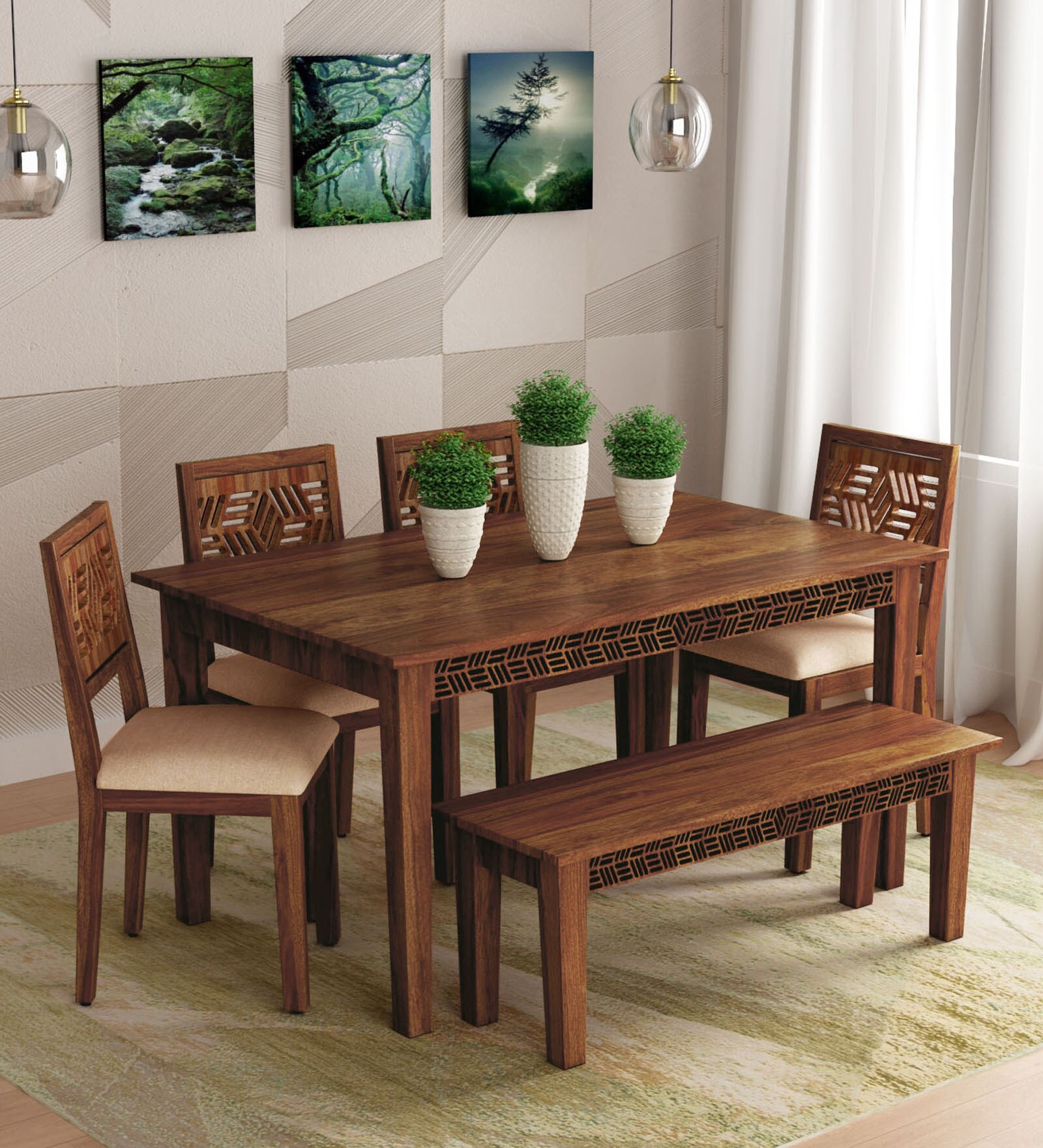 Lerro Sheesham Wood Six Seater Cushioned Dining Set with Bench in Provincial Teak Finish