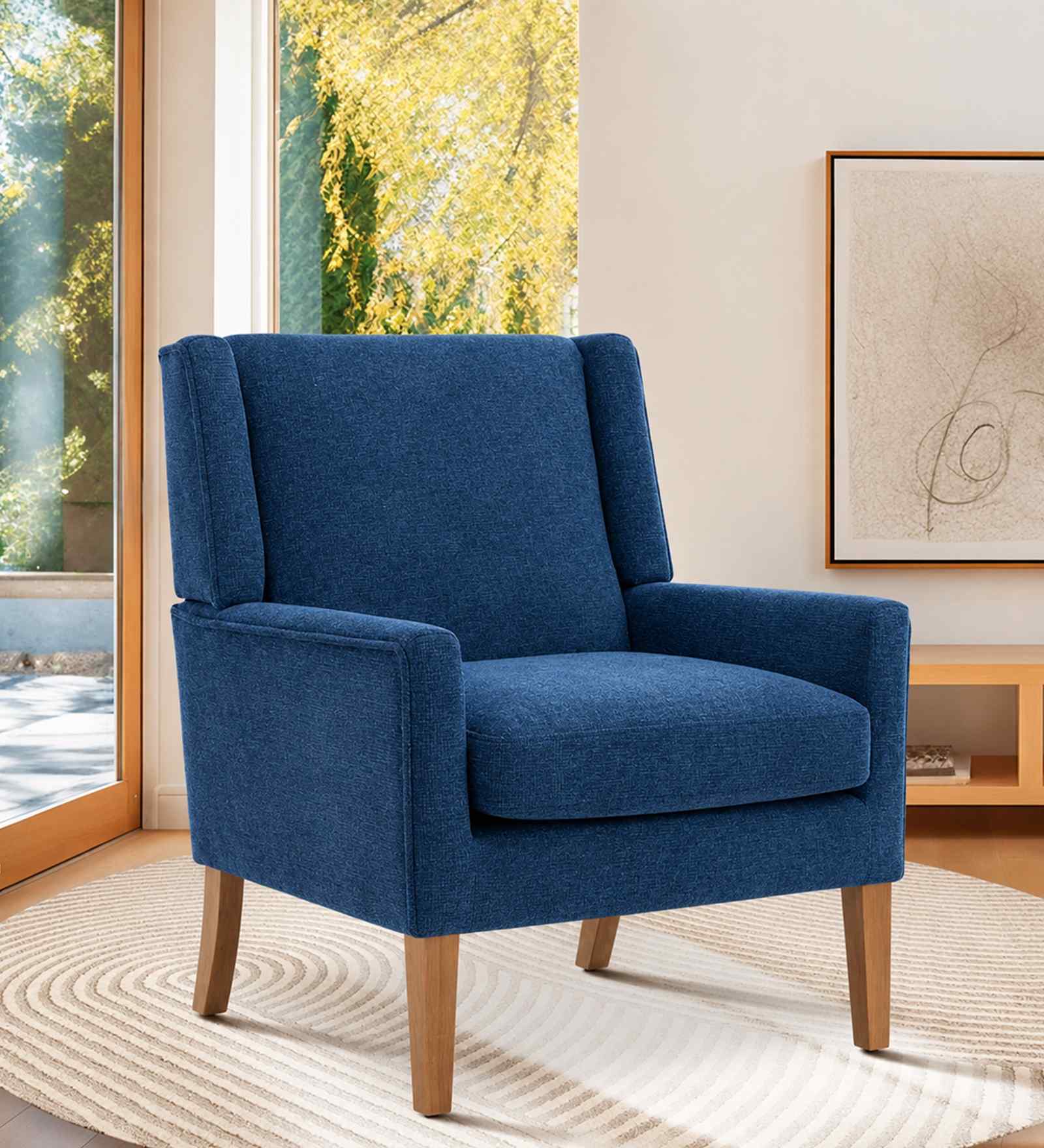Leston Boucle Fabric Lounge Chair In Blue Colour