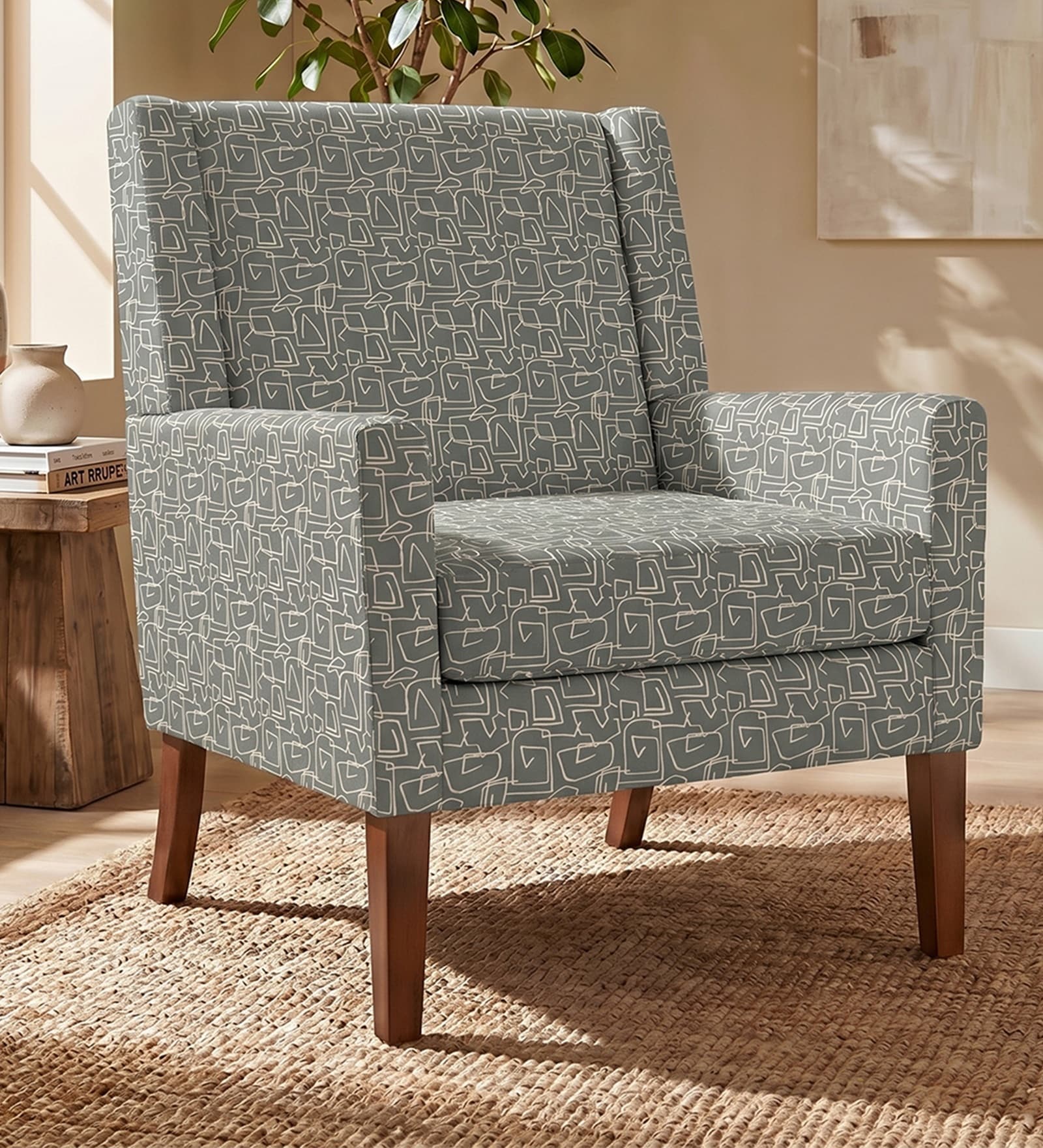 Leston Walnut Finish Printed Canvas Geometry Fabric Lounge Chair Leston Walnut Finish Printed Canvas Geometry Fabric Lounge Chair