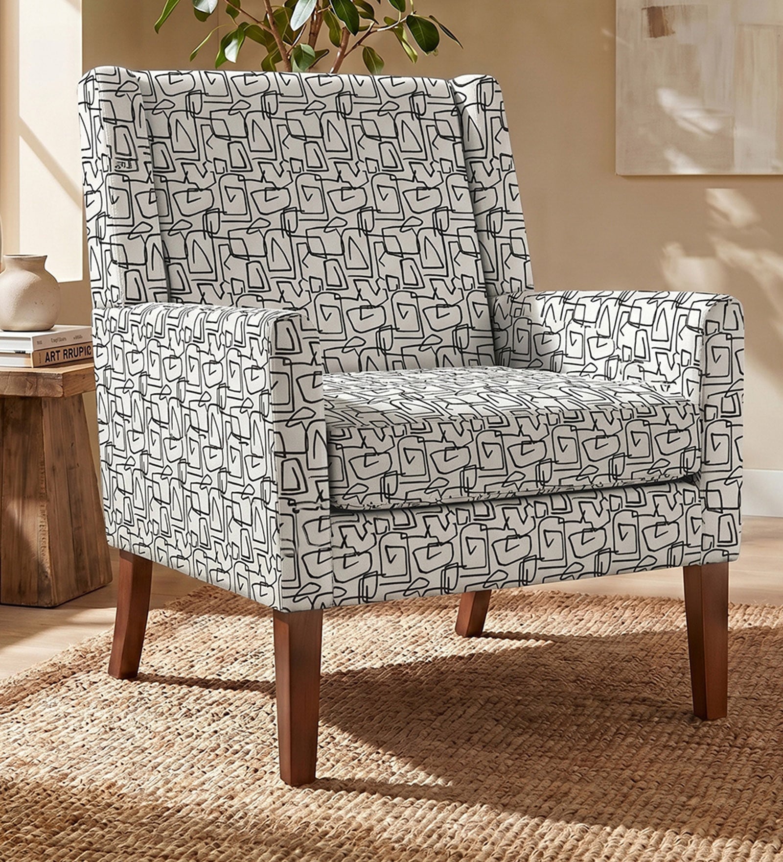 Leston Walnut Finish Printed Canvas Geometry Chair Leston Walnut Finish Printed Canvas Geometry Chair