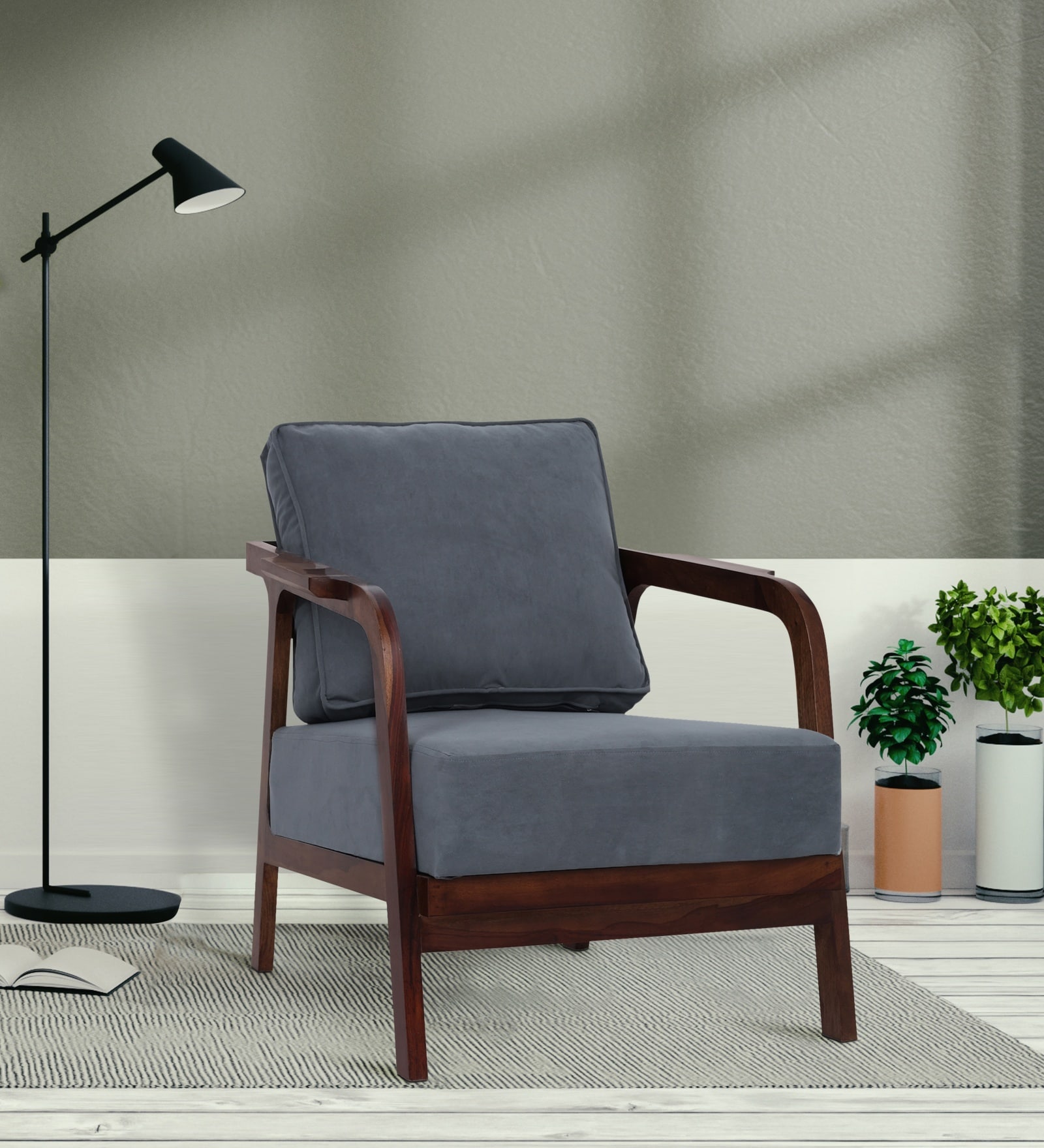Leviro Sheesham Wood Arm Chair In Grey Color