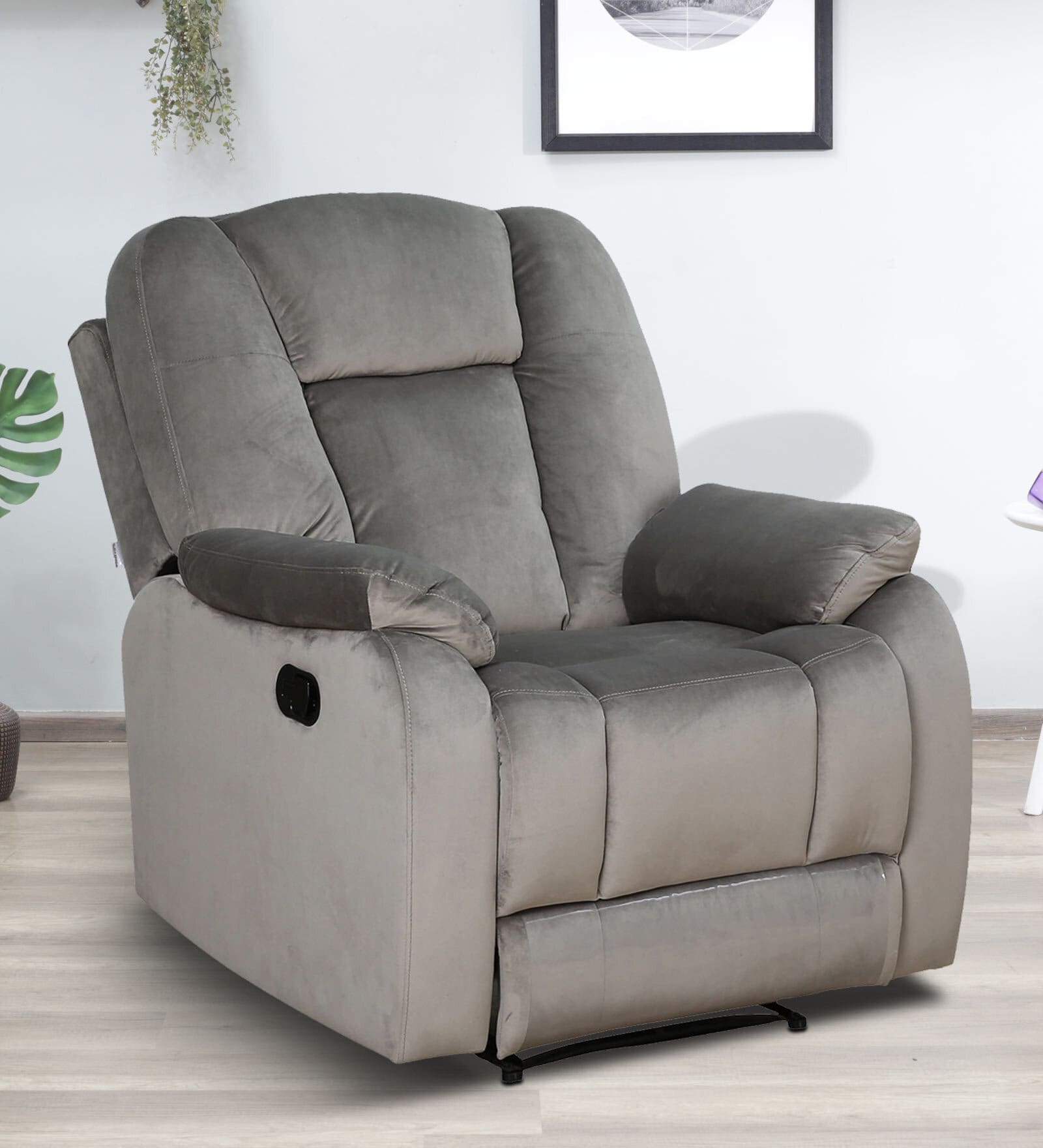 Levy Velvet Fabric 1 Seater Manual Recliner in Grey Colour