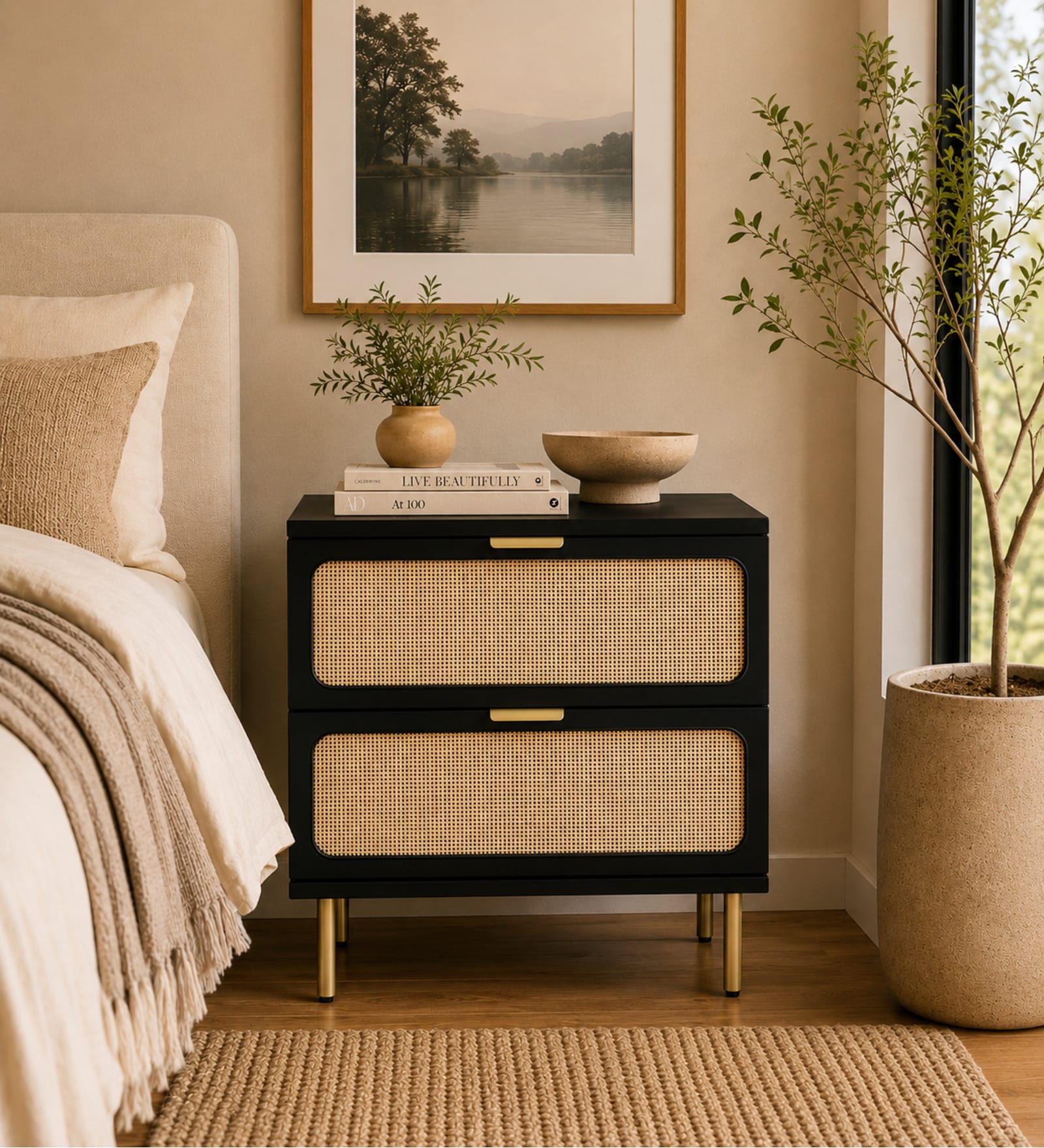 Lexon Solid Wood Bedside Table In Black Finish