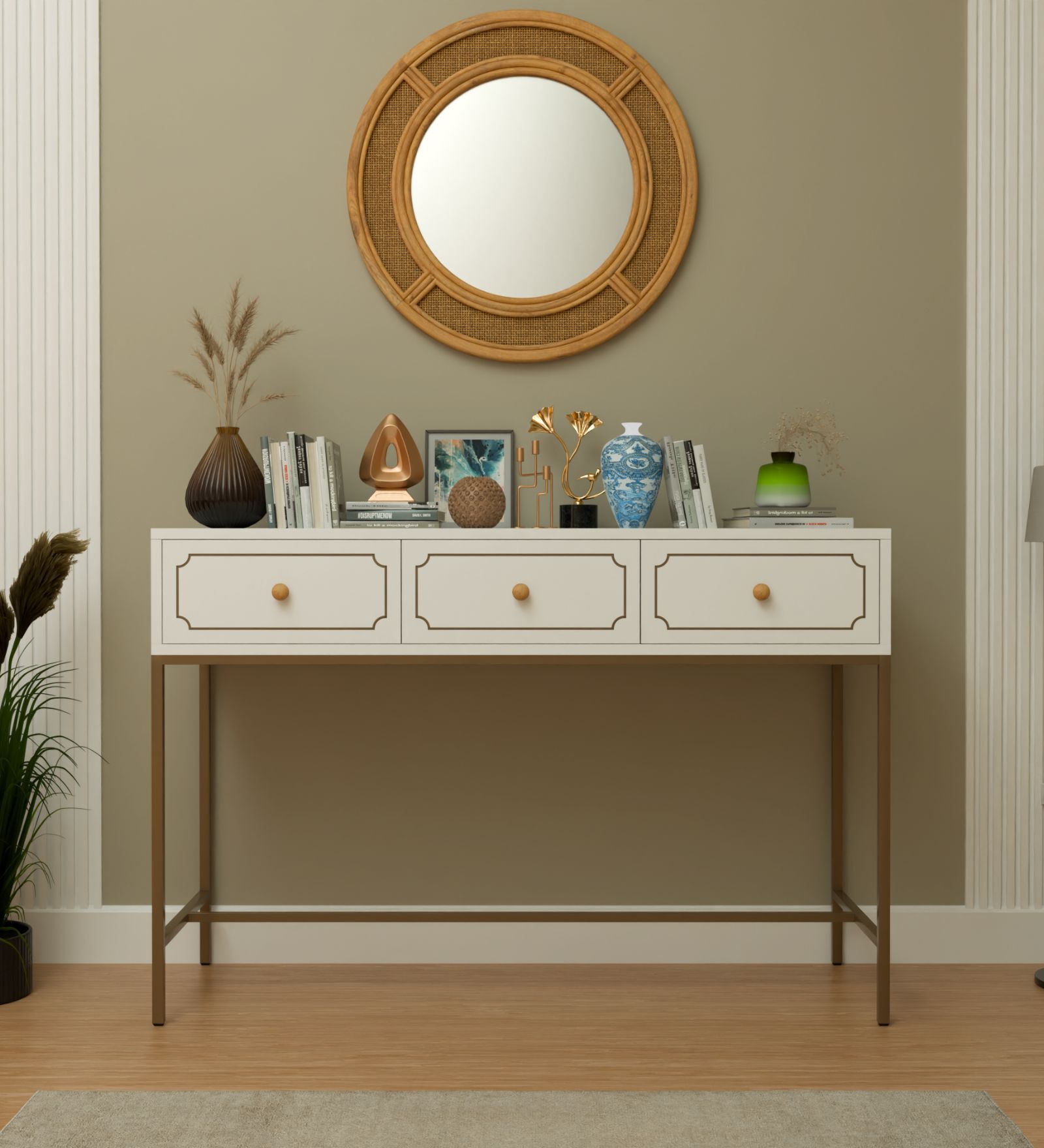 Lexus Console Table In Full White With Golden Steel Base Finish