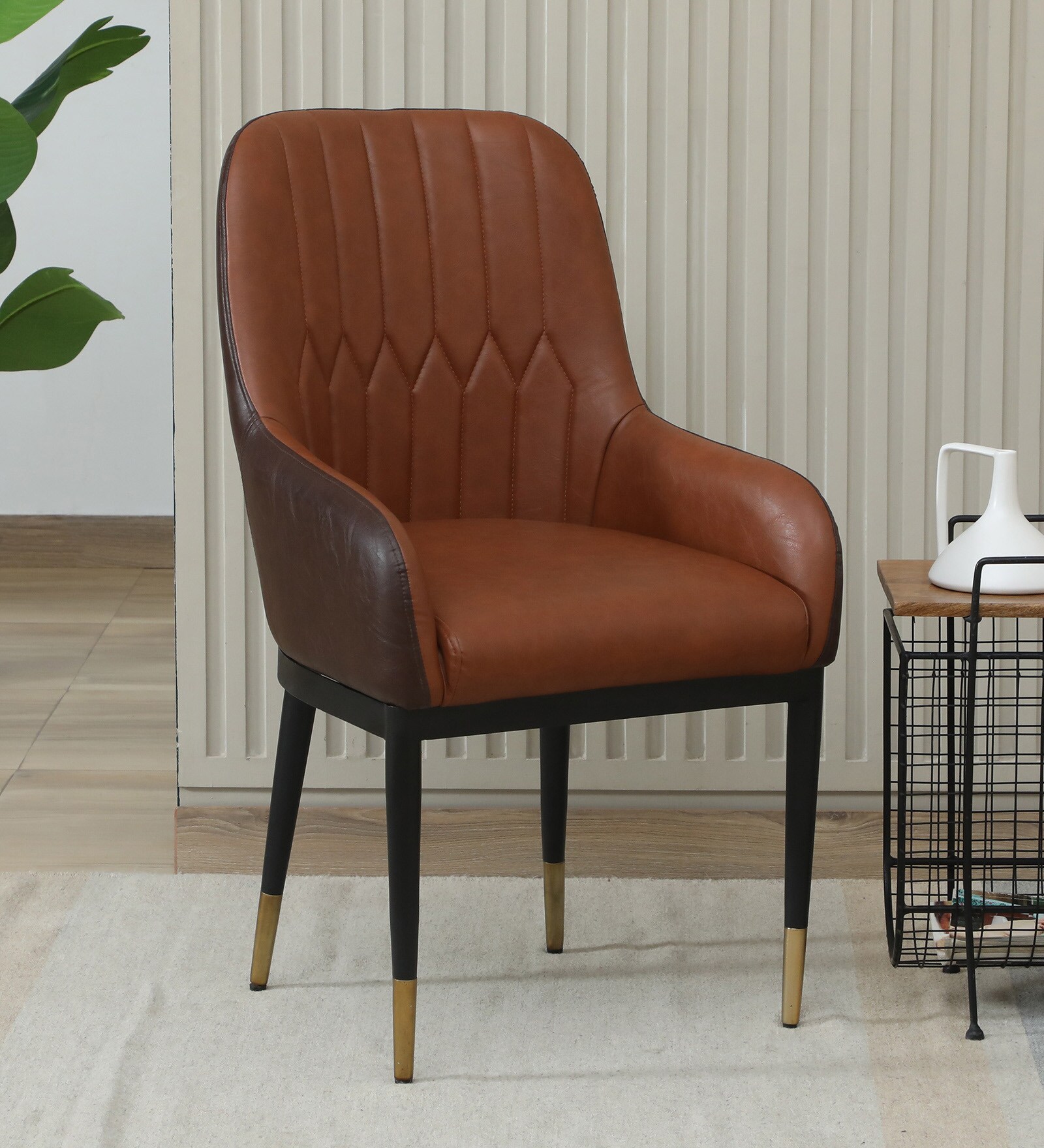 Leya Arm Chair In Brown Leatherette With Black Powder Coated Base