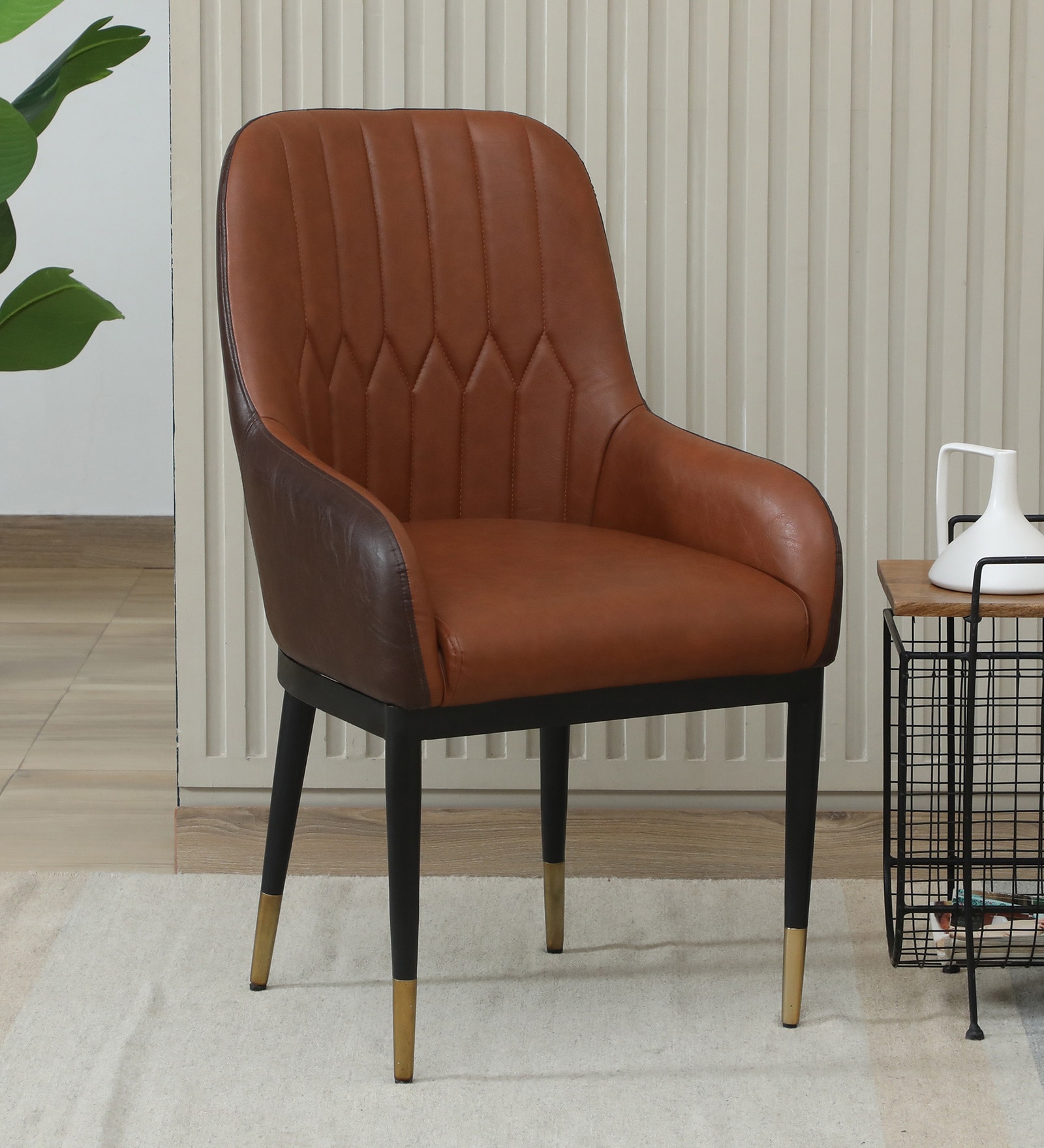 Leya Arm Chair In Brown Leatherette With Black Powder Coated Base