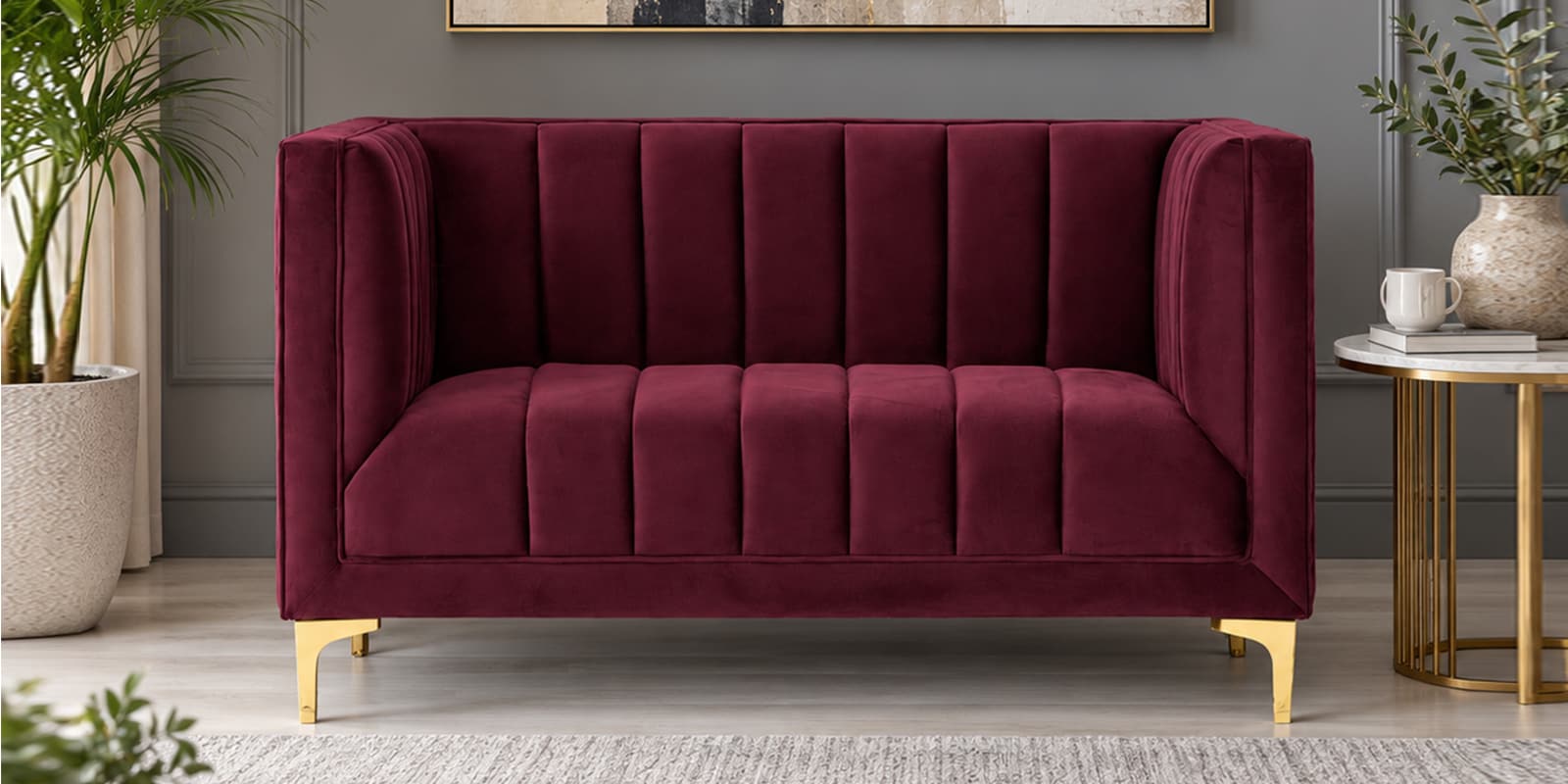 Lem Velvet 2 Seater Sofa In Maroon Colour