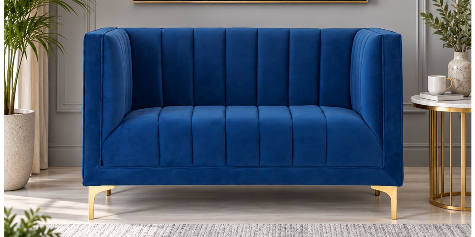 Lem Velvet 2 Seater Sofa In Navy Blue Colour Lem Velvet 2 Seater Sofa In Navy Blue Colour