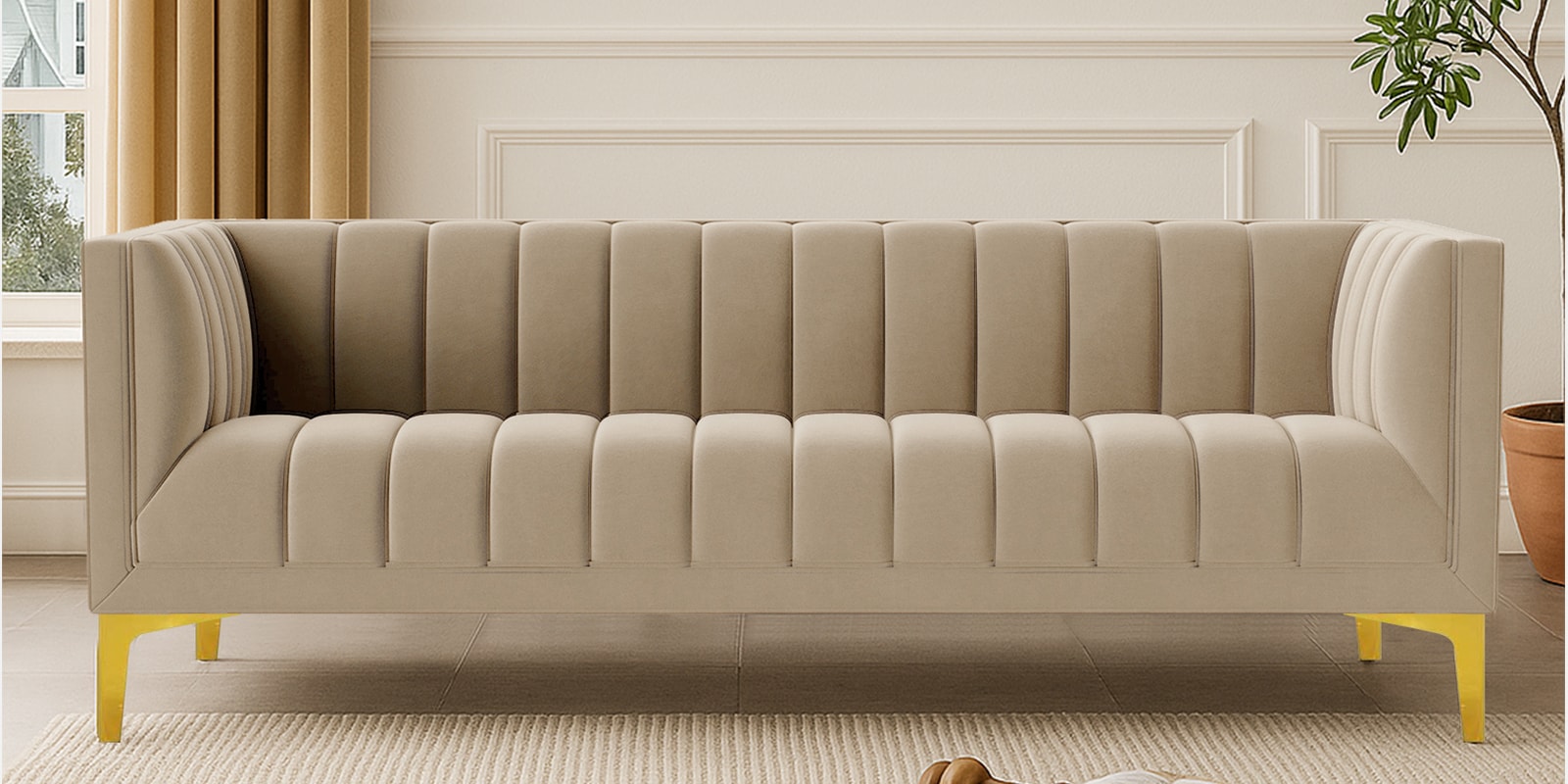 Lem Velvet 3 Seater Sofa in Cream Colour