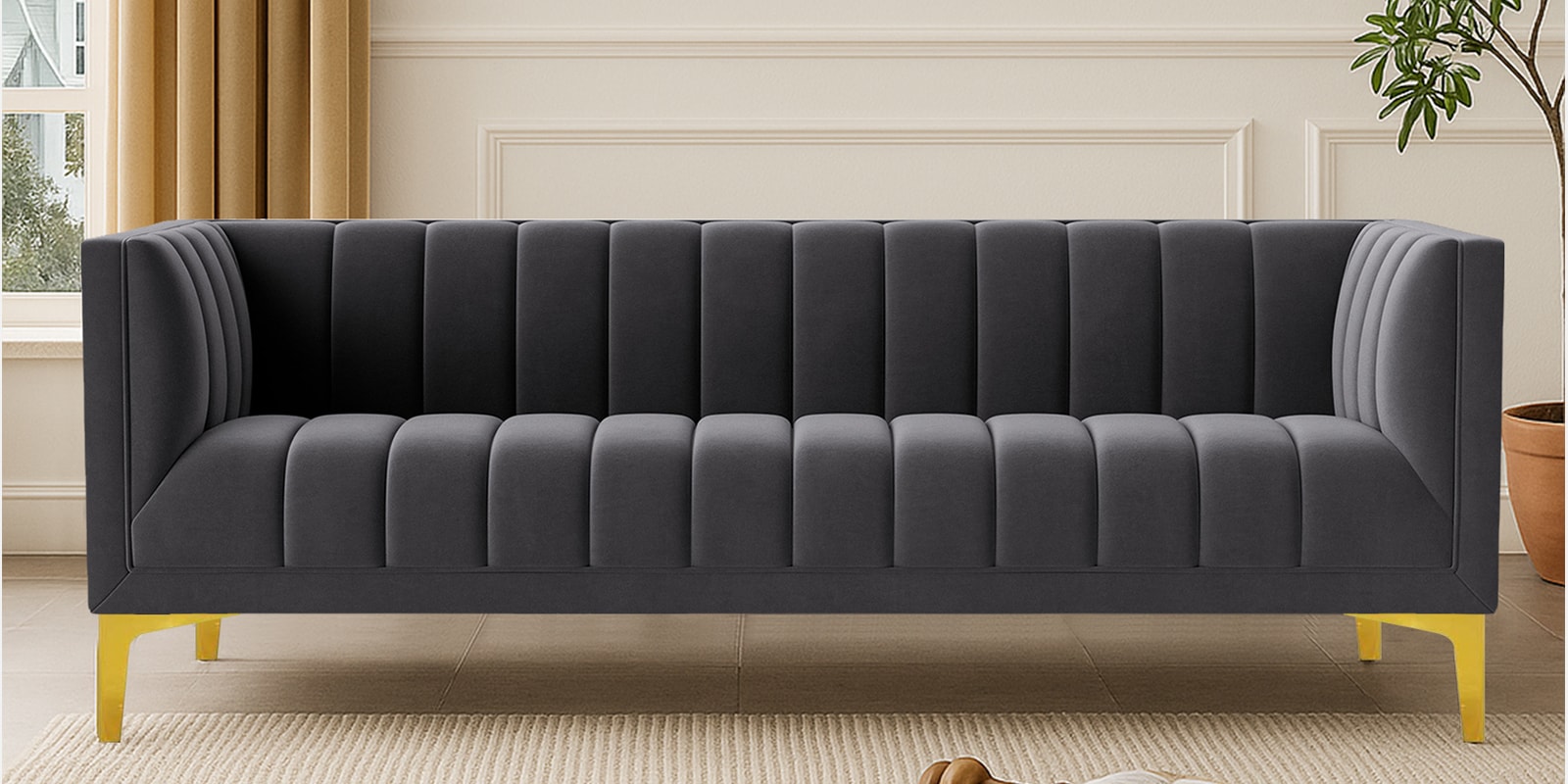 Lem Velvet 3 Seater Sofa in Dark Grey Colour