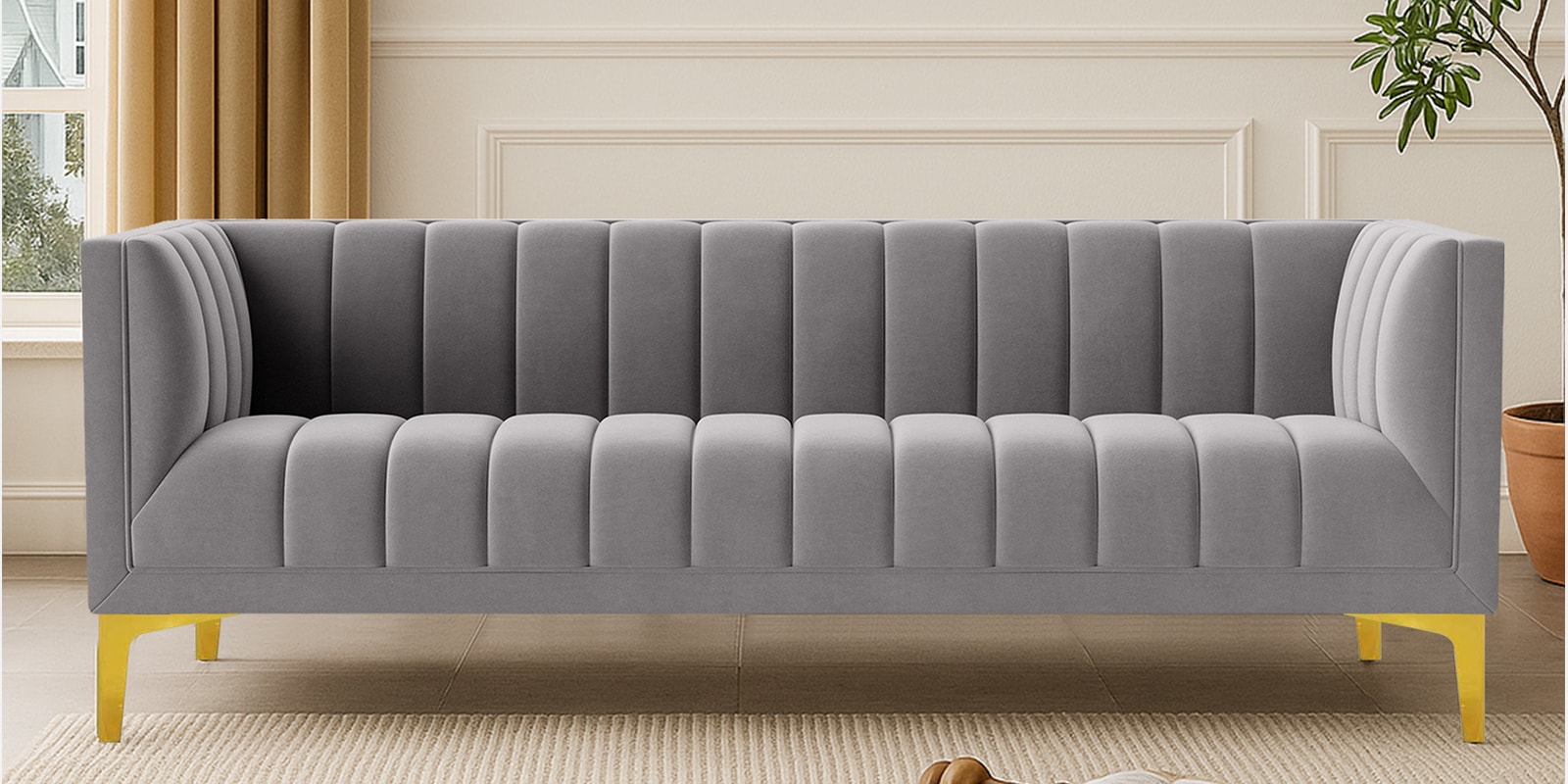 Lem Velvet 3 Seater Sofa in Grey Colour