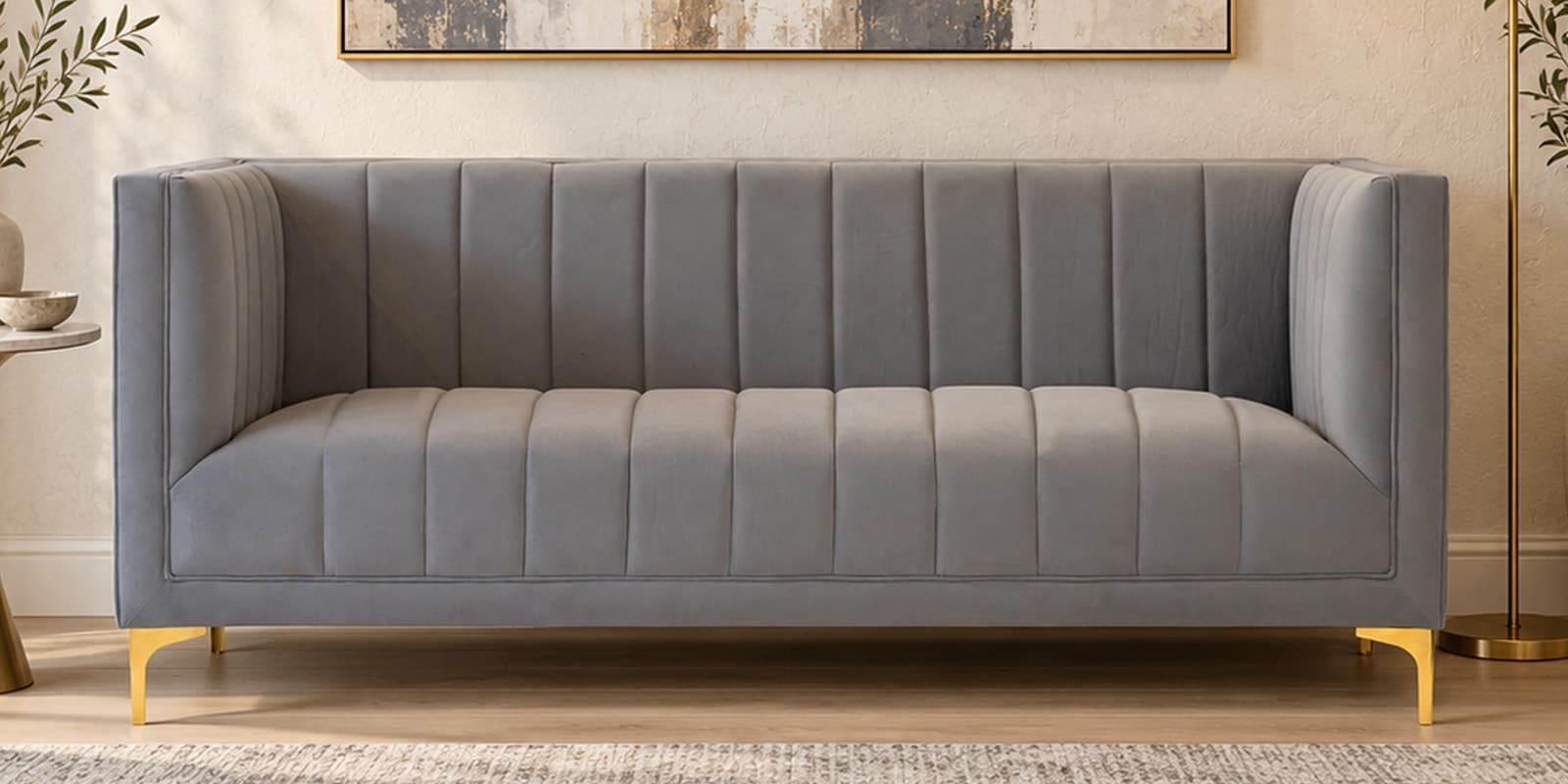 Lem Velvet 3 Seater Sofa in Grey Colour