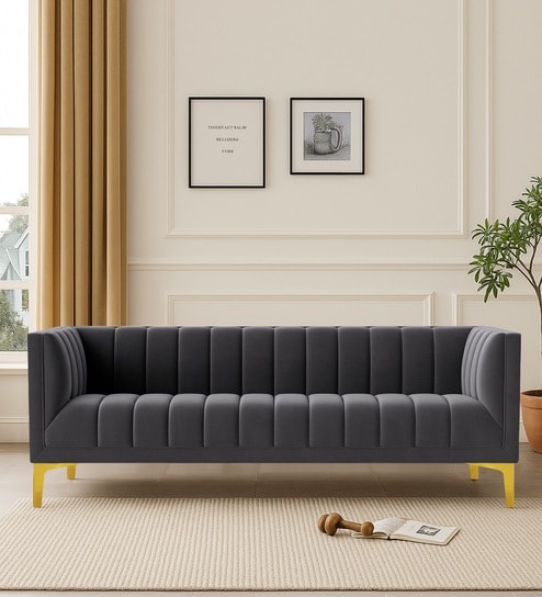 Lem Velvet 3 Seater Sofa in Dark Grey Colour