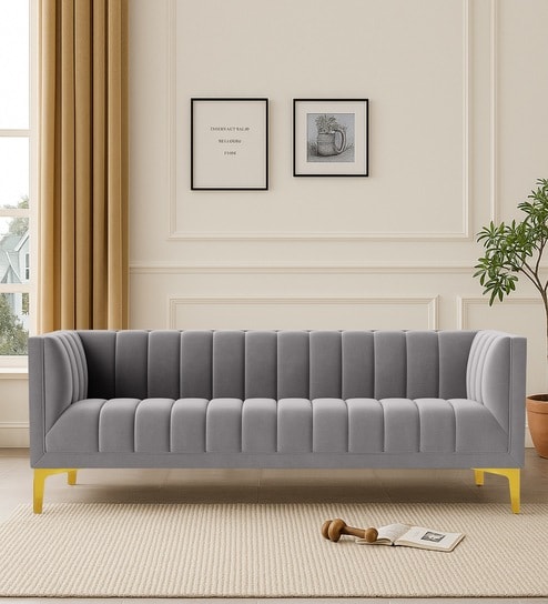 Lem Velvet 3 Seater Sofa in Grey Colour