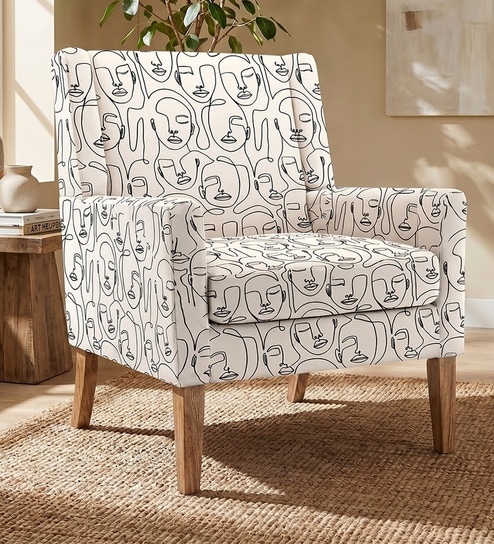 Leston Printed Human Canvas Print Fabric Lounge Chair In Walnut Finish