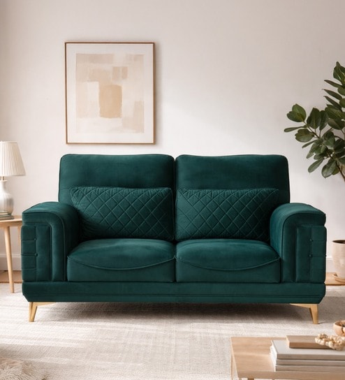 Levo 2 Seater Velvet Fabric Sofa In Royal Green Color