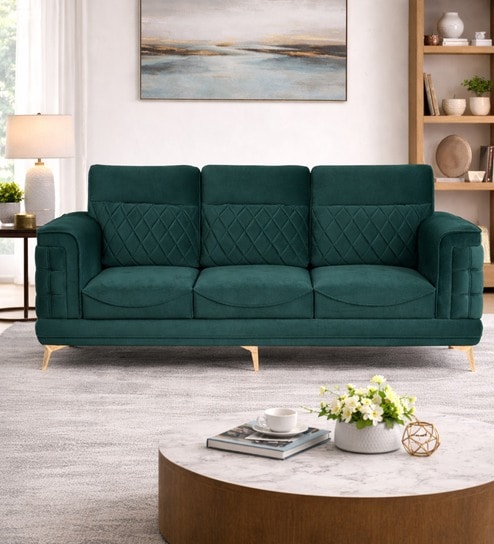 Levo 3 Seater Velvet Fabric Sofa In Royal Green Color