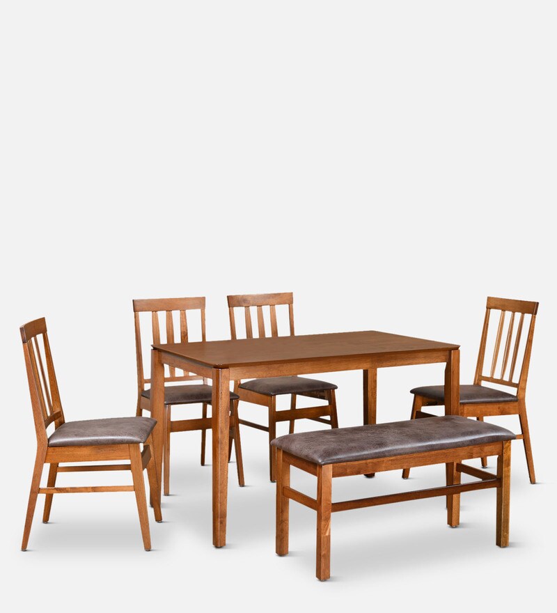 Buy Leaf Solid Wood 6 Seater Dining Set with Bench in Walnut Finish