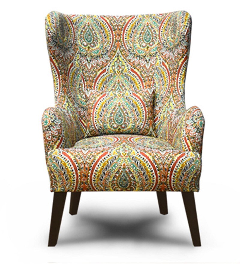 Buy Leon Wing Chair with Red & Green Print Uphosltery by Furnitech
