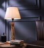 Leaf Patterned E27 Holder Wooden Base Table Lamp (Brown Base) with Fabric Shade (White)