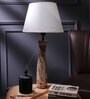 Leaf Patterned E27 Holder Wooden Base Table Lamp (Brown Base) with Fabric Shade (White)