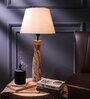 Leaf Patterned E27 Holder Wooden Base Table Lamp (Brown Base) with Fabric Shade (White)