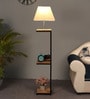 Hubert White Cloth Shade Shelf Floor Lamp With Wood & Iron Base