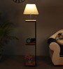 Hubert White Cloth Shade Shelf Floor Lamp With Wood & Iron Base