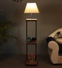 Hubert White Cloth Shade Shelf Floor Lamp With Wood & Iron Base