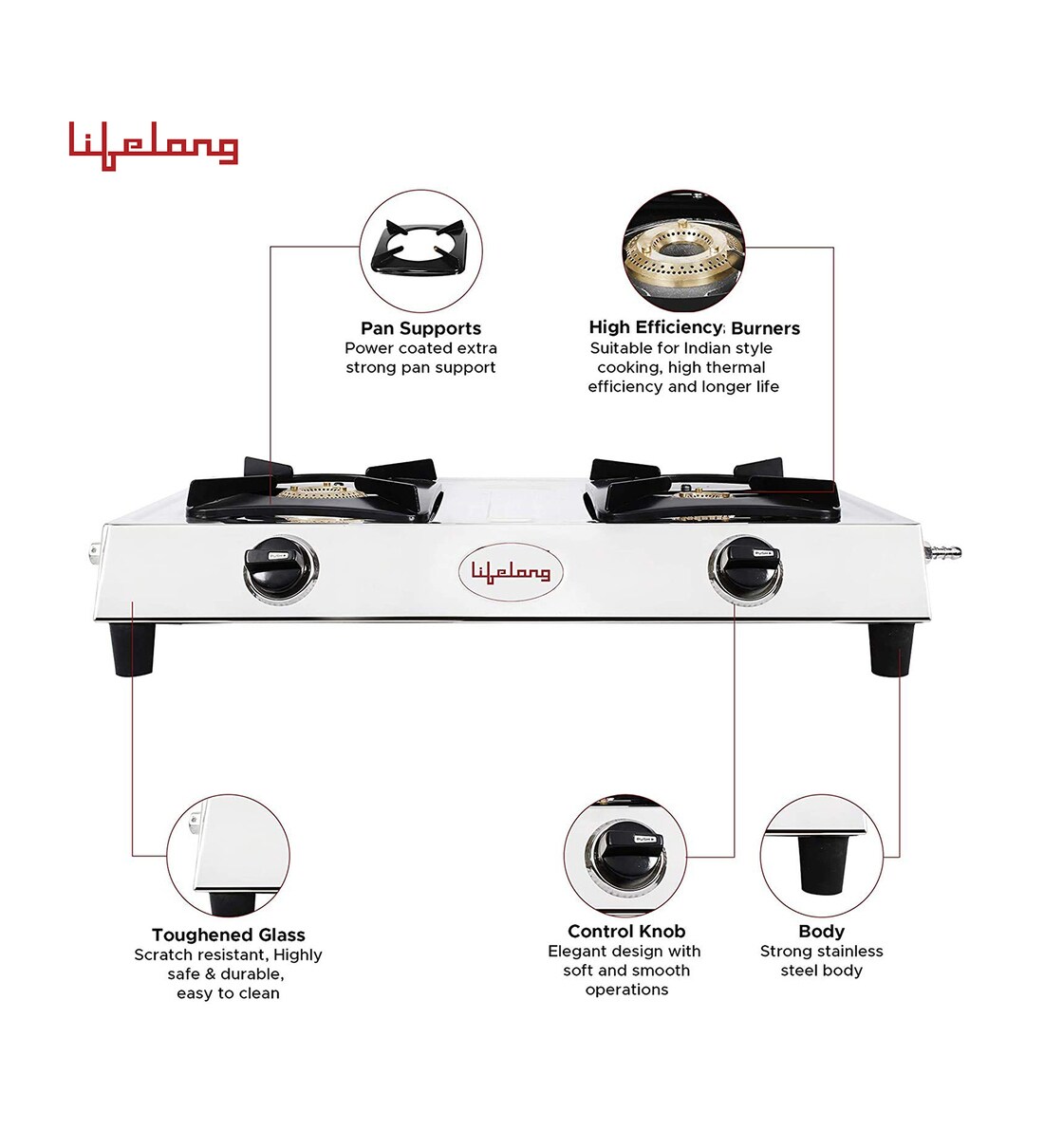 Buy Lifelong 2 Burner Gas Stove with Silver Colour Online Gas Stoves