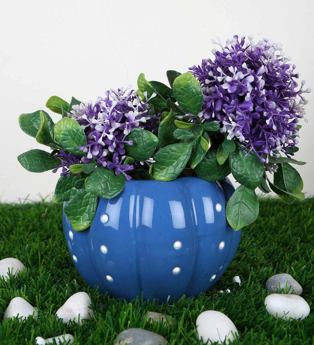 Buy Light Blue Ceramic Kharbooza Shape with Dot Print Medium Planter by