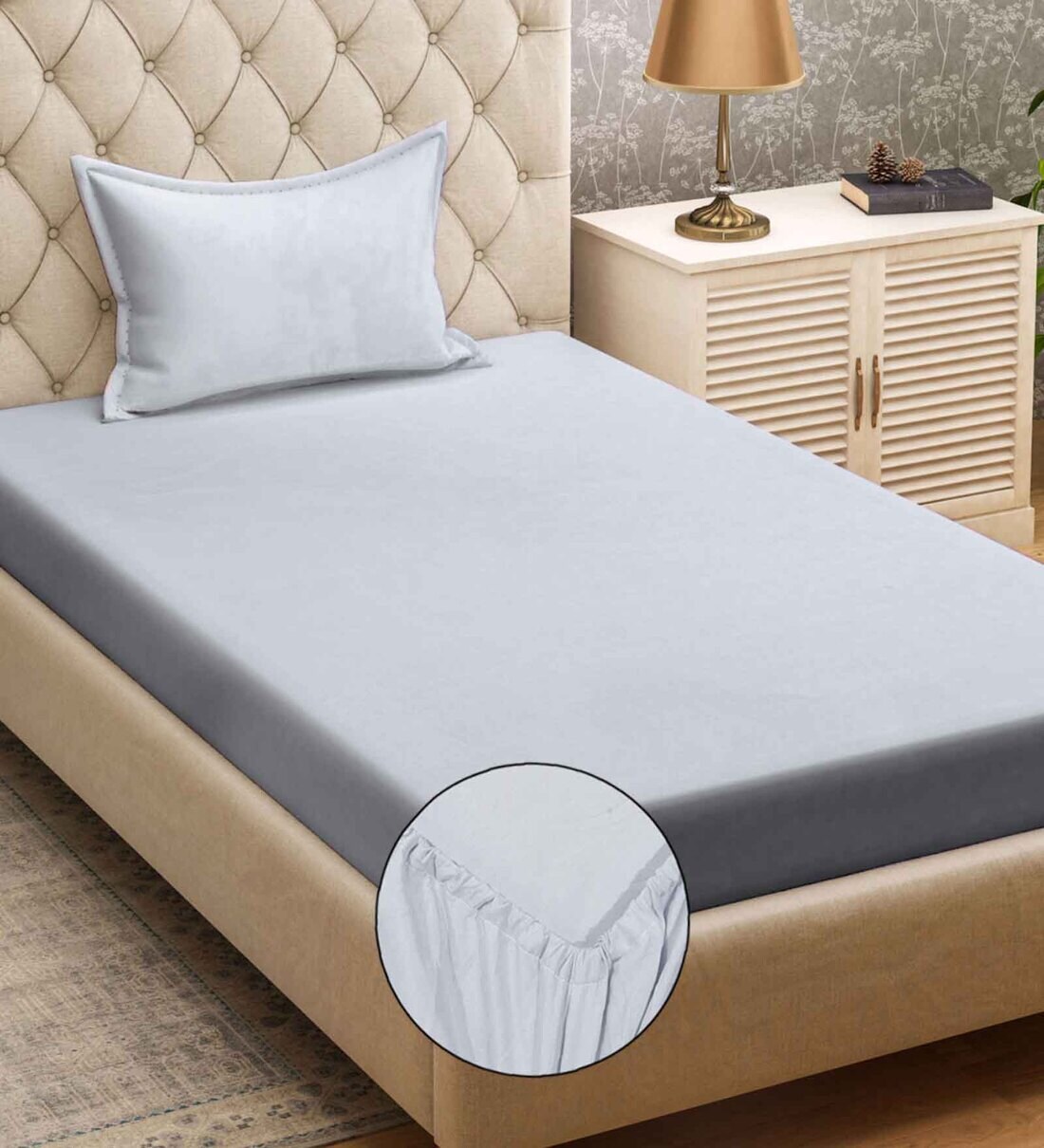 Light Grey Solid 300 TC Cotton Blend Fitted Single Bedsheet with Pillow Cover